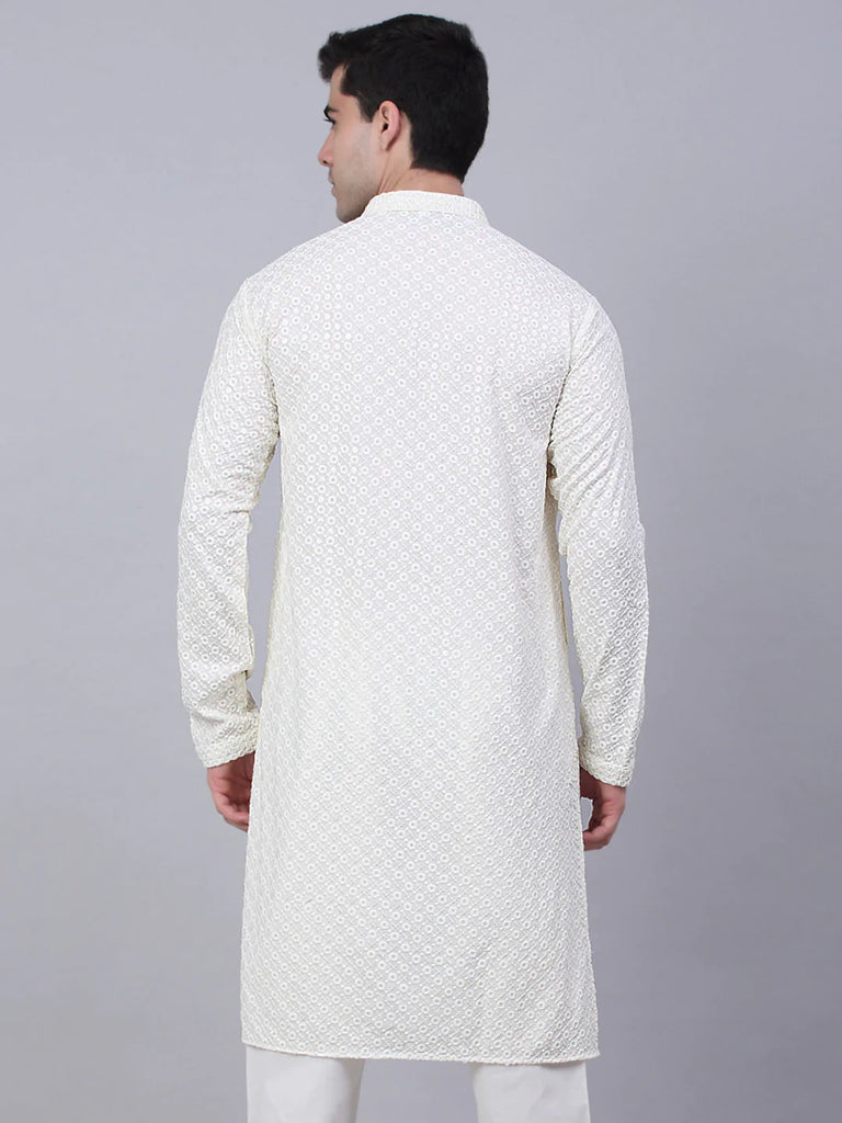 Men's White Chikankari Embroidered and Sequence Kurta Only ( KO 678 White )
