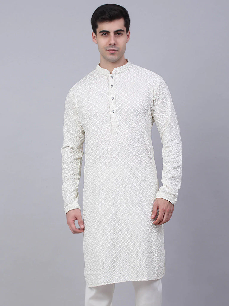 Men's White Chikankari Embroidered and Sequence Kurta Only ( KO 678 White )