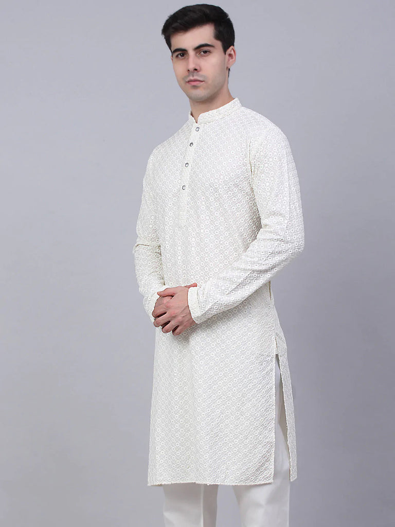 Men's White Chikankari Embroidered and Sequence Kurta Only ( KO 678 White )