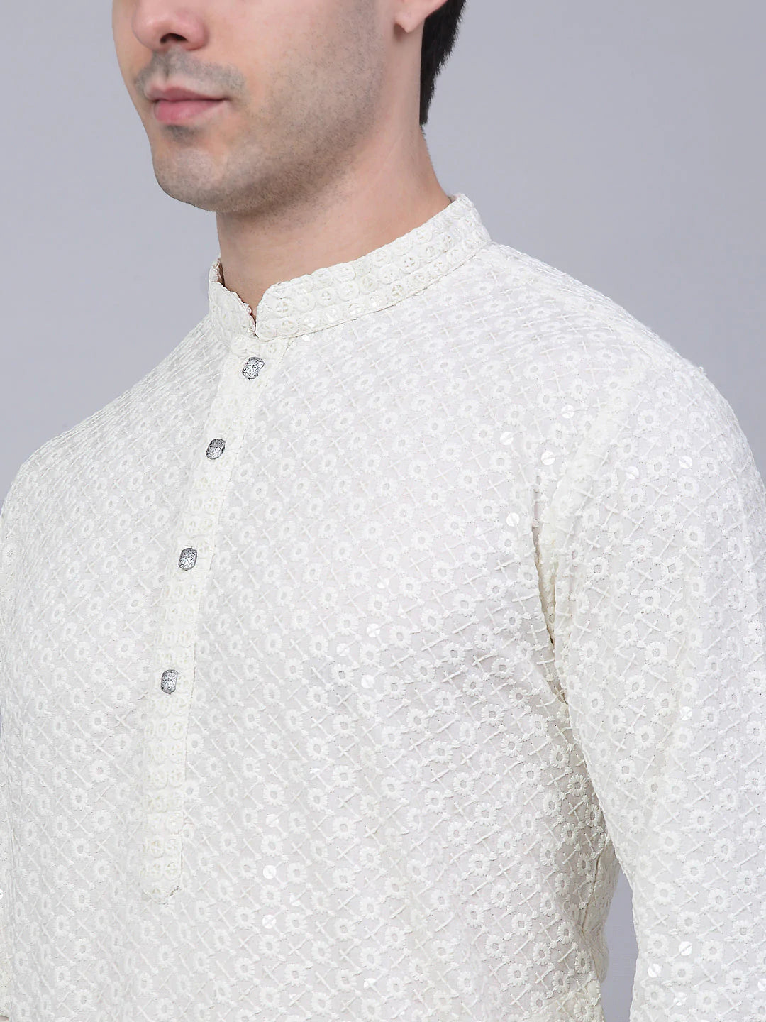 Men's White Chikankari Embroidered and Sequence Kurta Only ( KO 678 White ) - Virat Fashions