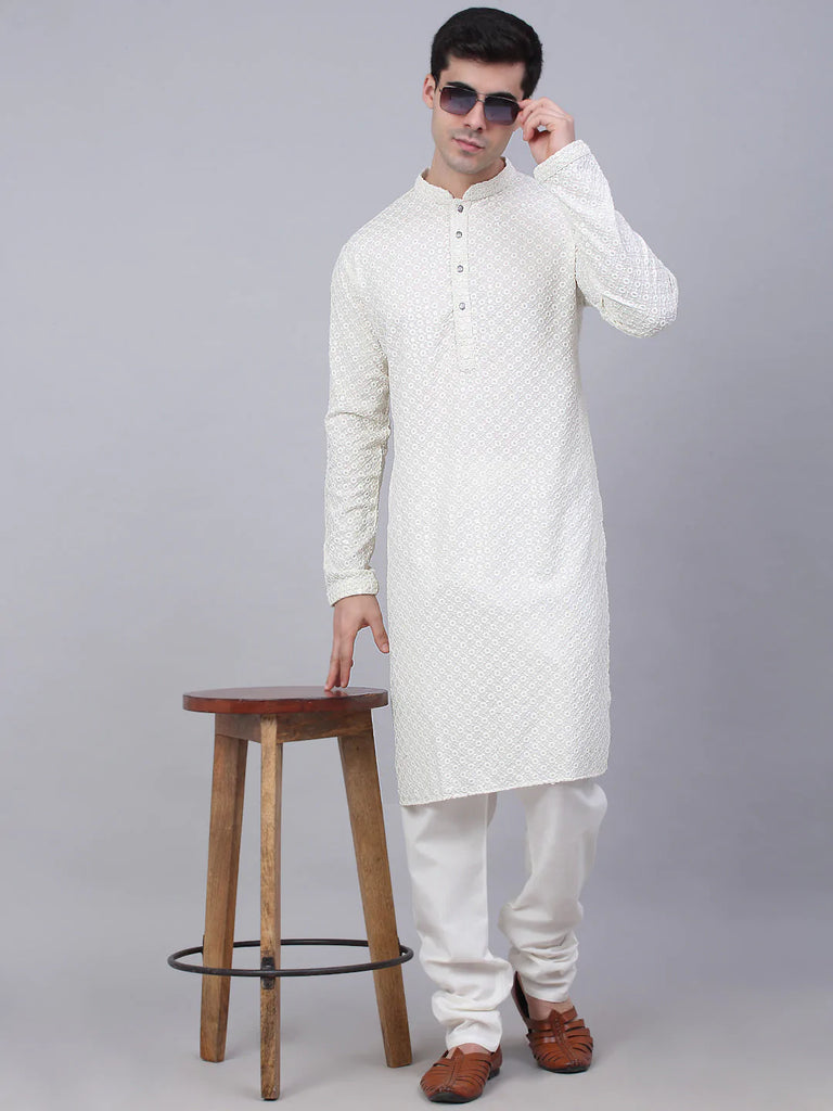 Men's White Chikankari Embroidered and Sequence Kurta Only ( KO 678 White )