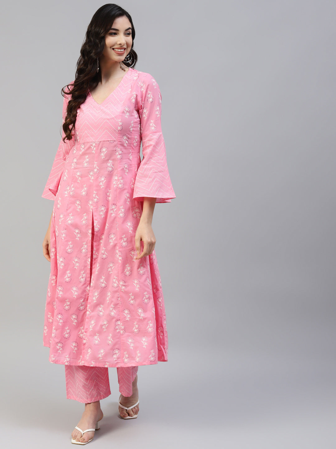 Women's Pink Cotton Printed Anarkali Kurta With Palazzo - Noz2Toz