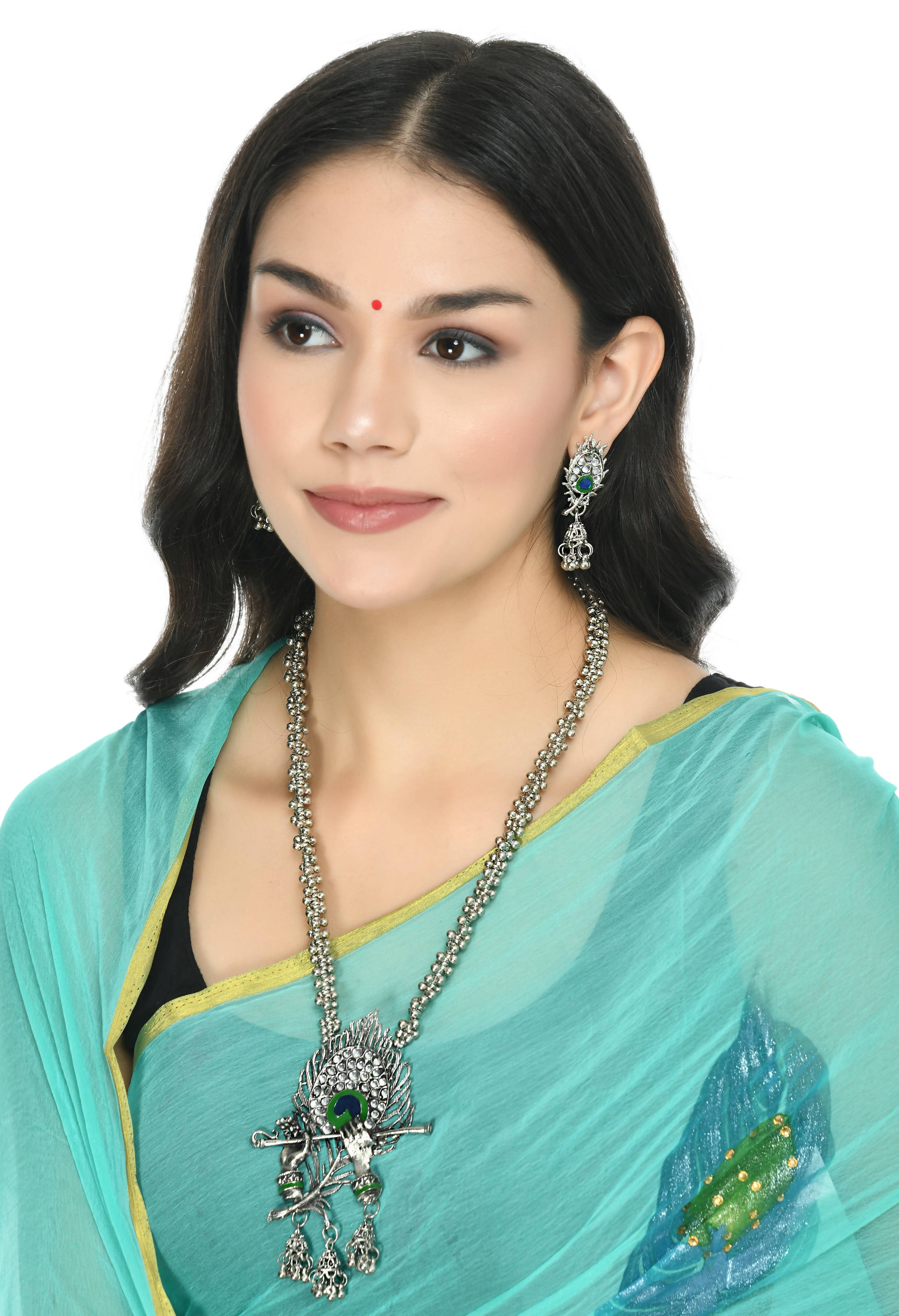 Trendia Traditional Silver plated Krishna Flute Design Necklace with Earrings Set Jkms_052
