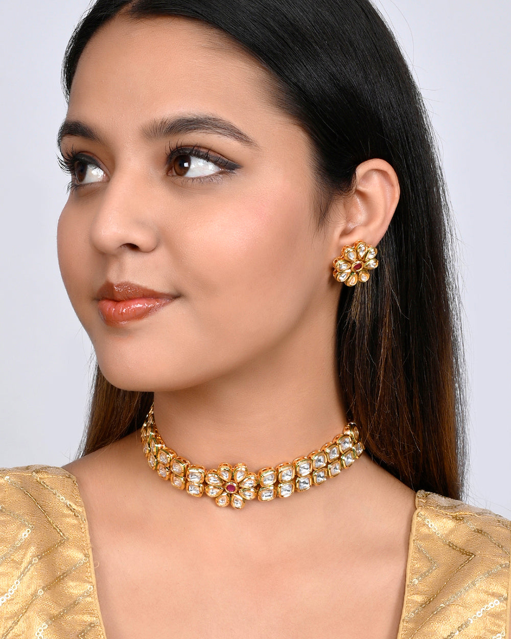 Women's Kundan Elegance Floral Choker Jewellery Set - Voylla