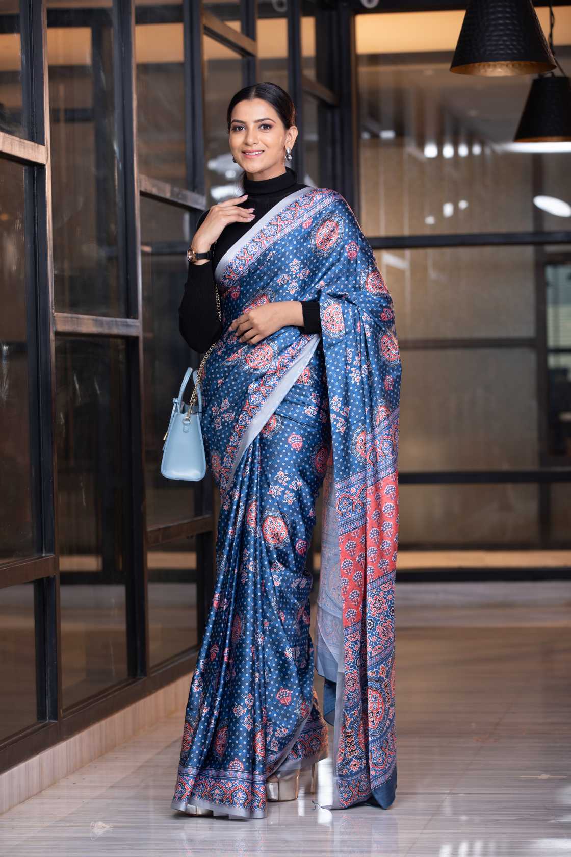 Women's Dark Blue Ajrakh Saree - Karagiri