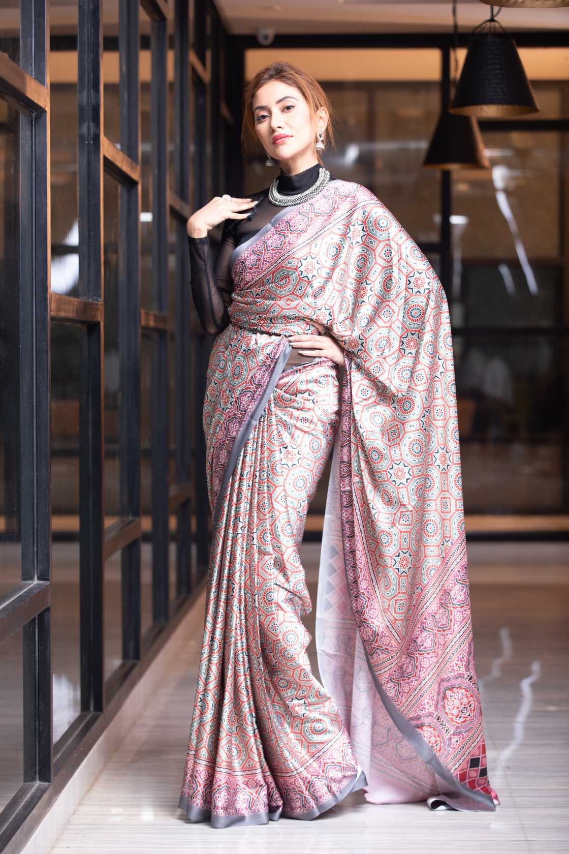 Women's Silver Grey Ajrakh Saree - Karagiri