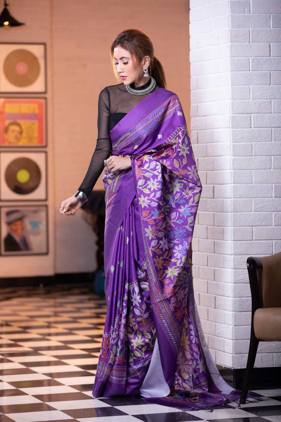 Women's Indigo Purple Kantha Digital Print Saree - Karagiri