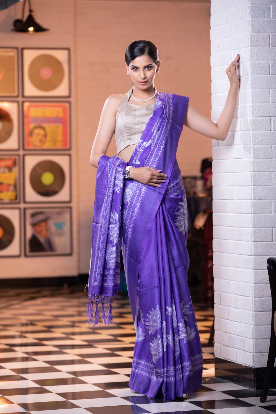 Women's Indigo Purple Kantha Digital Print Saree - Karagiri