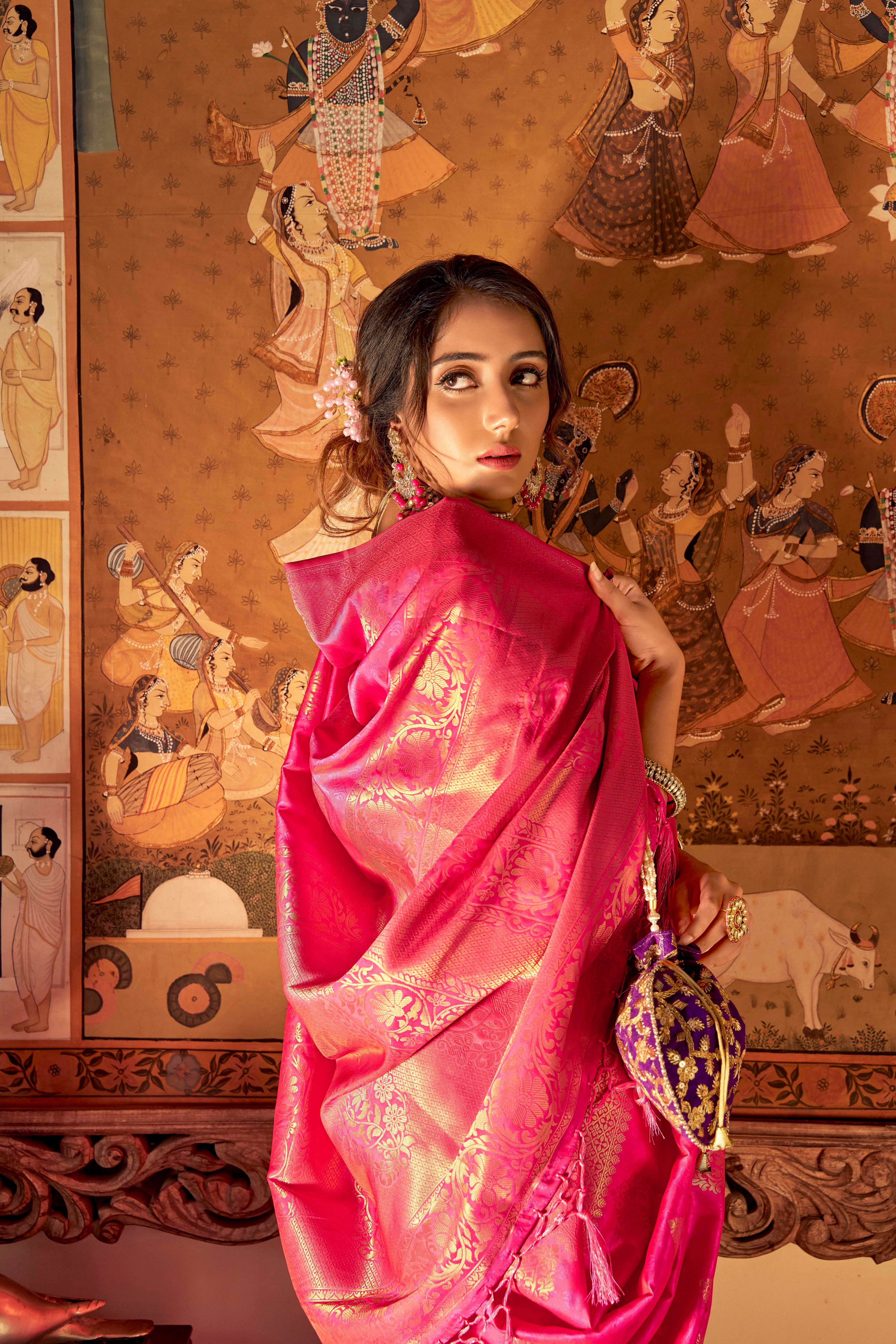 Women's Hot Pink Banarasi Saree - Karagiri