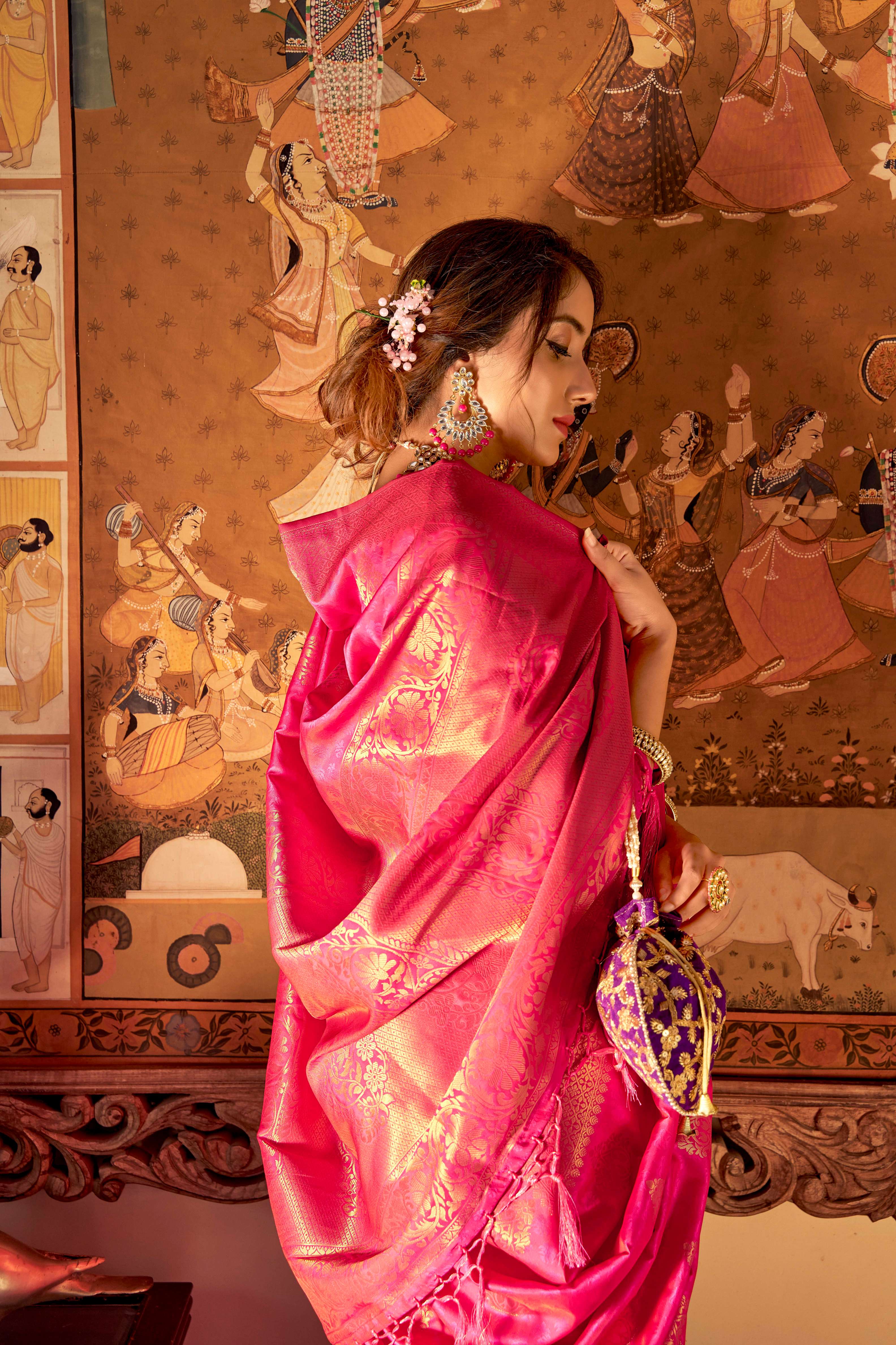 Women's Hot Pink Banarasi Saree - Karagiri