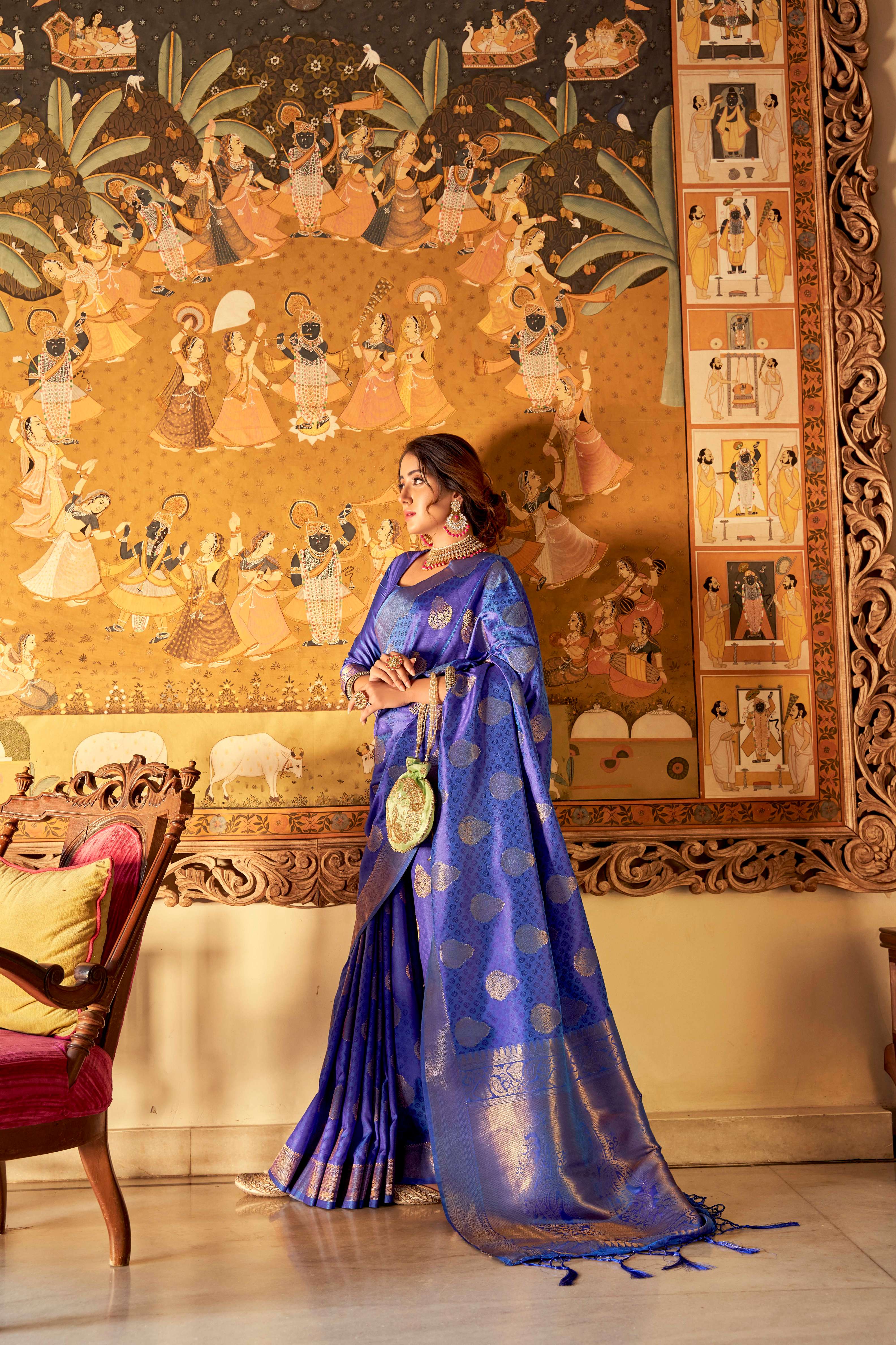 Women's Moroccan Blue Banarasi Saree - Karagiri