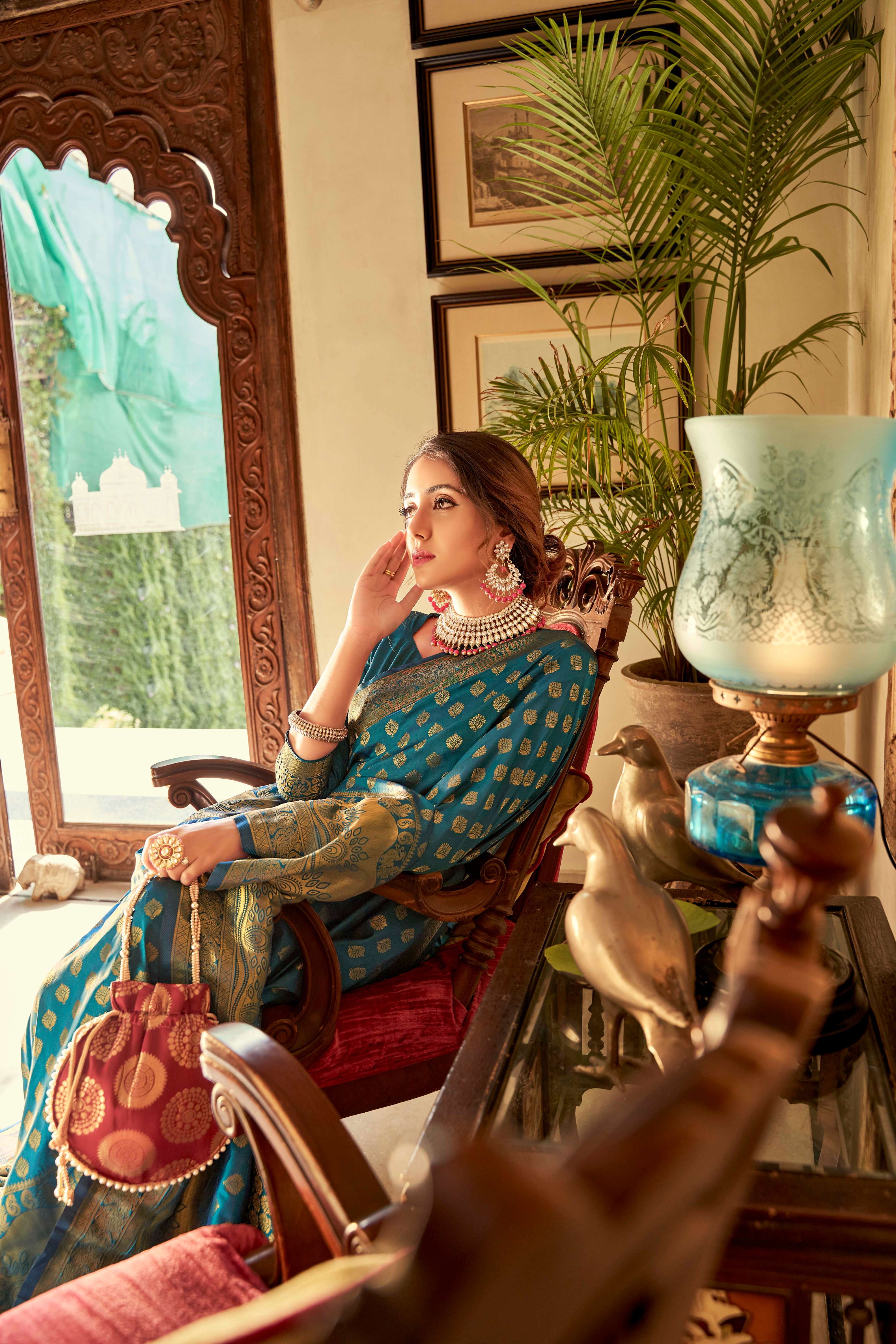 Women's Tiffany Blue Banarasi Saree - Karagiri