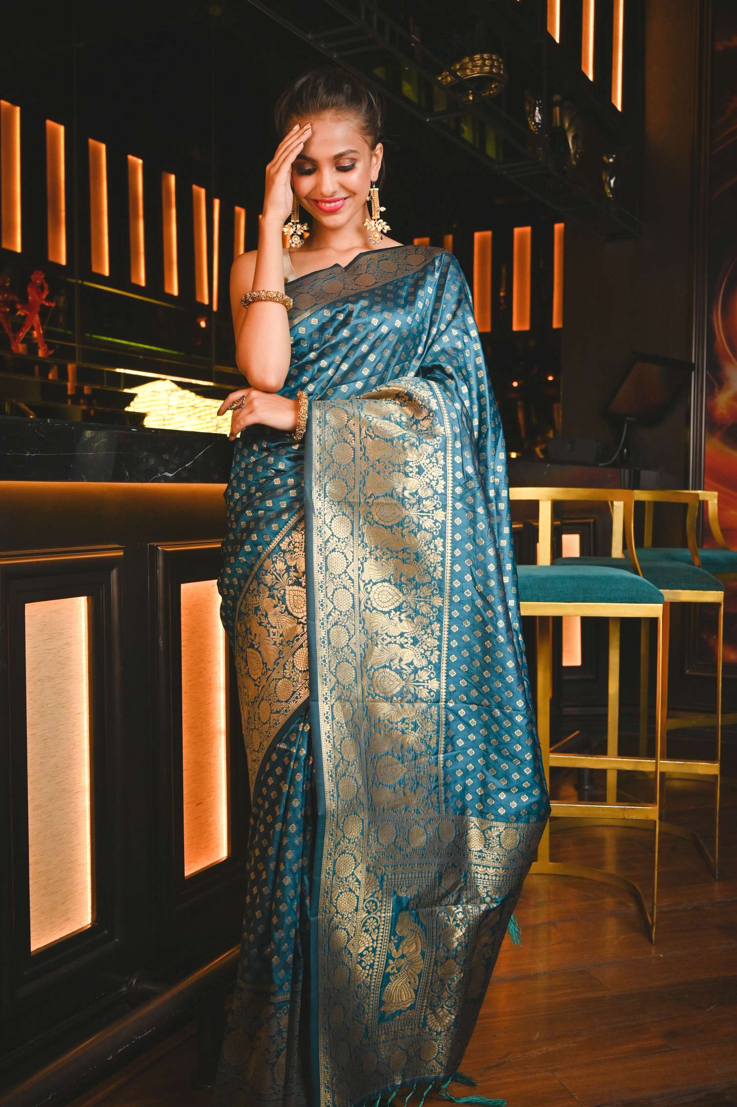 Women's Eastern Blue Small Butta Woven Banarasi Saree - Karagiri
