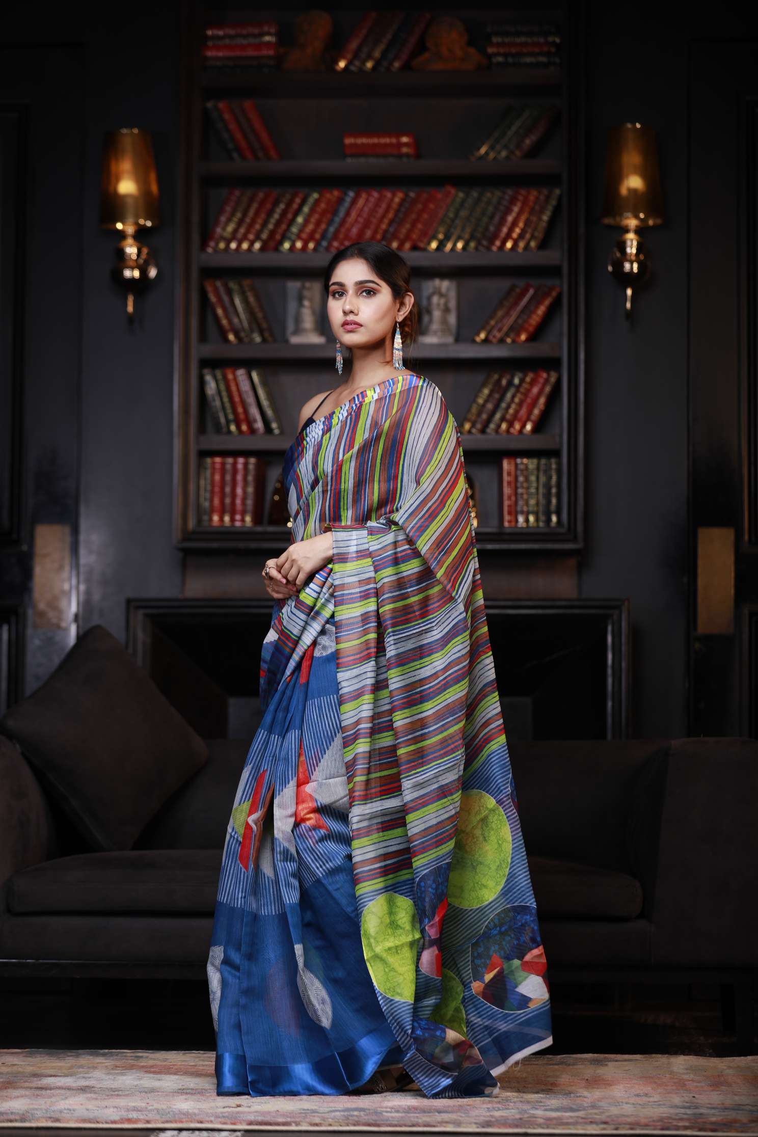 Women's Sapphire Blue Digital Printed Cotton Linen Saree - Karagiri