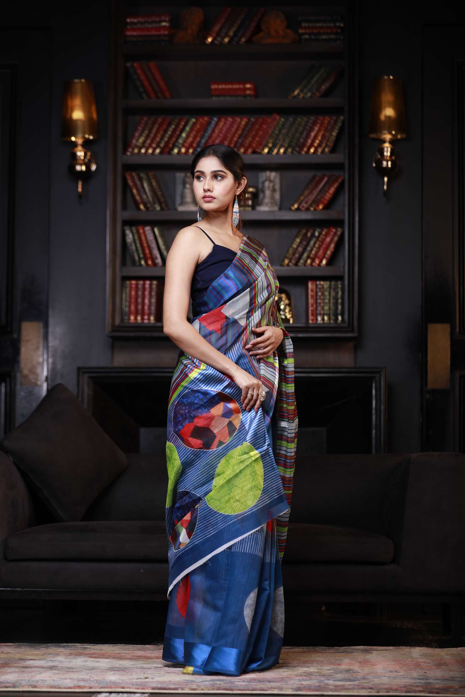 Women's Sapphire Blue Digital Printed Cotton Linen Saree - Karagiri