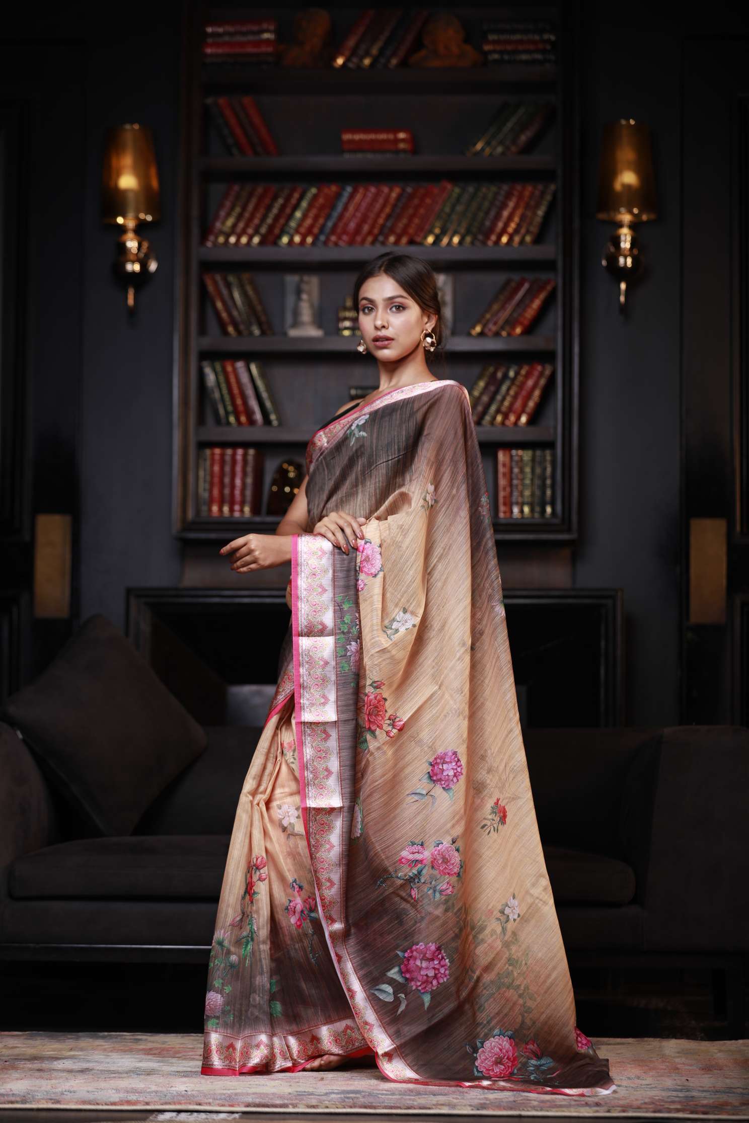 Women's Natural Hessian Beige Digital Printed Cotton Linen Saree - Karagiri