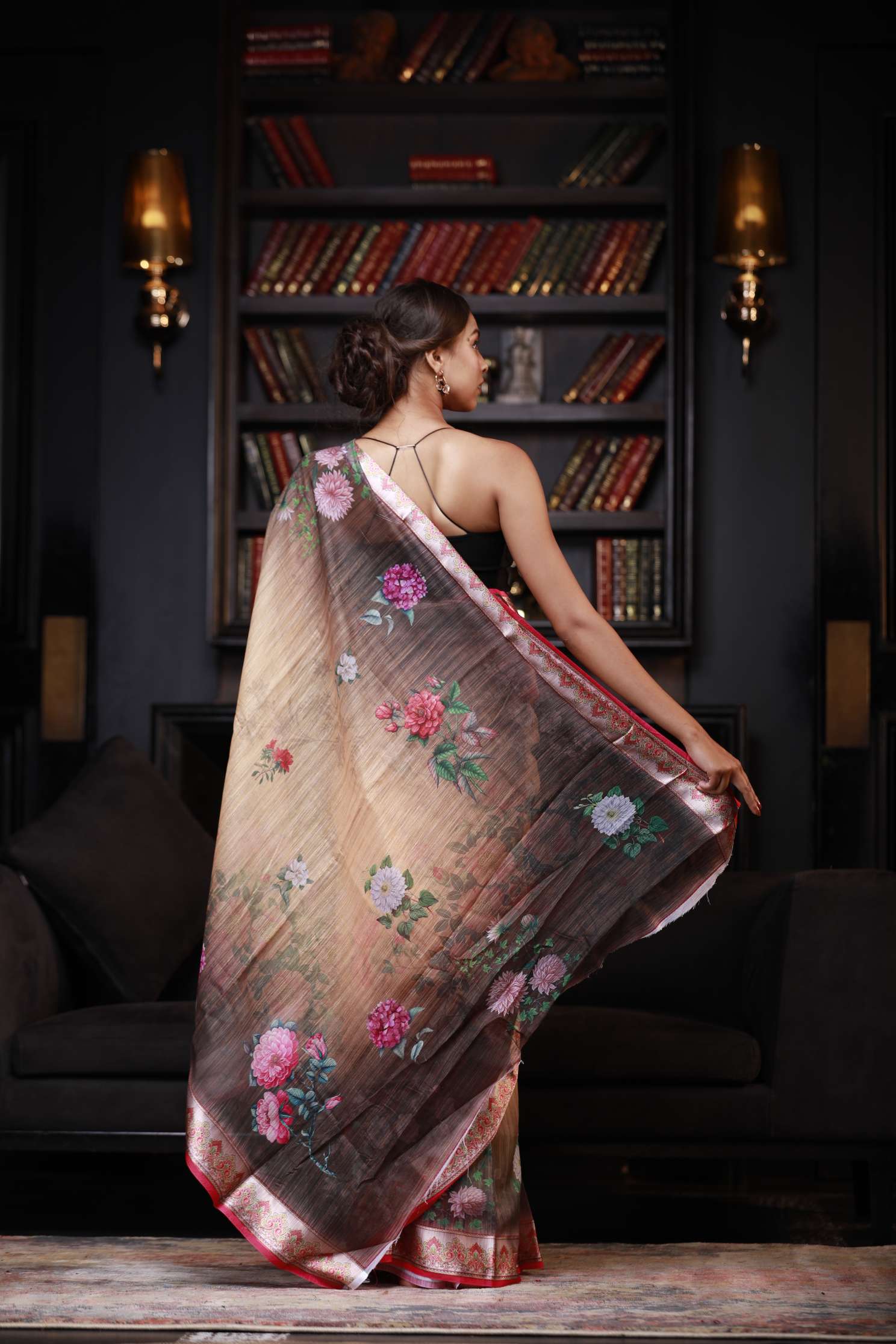 Women's Natural Hessian Beige Digital Printed Cotton Linen Saree - Karagiri