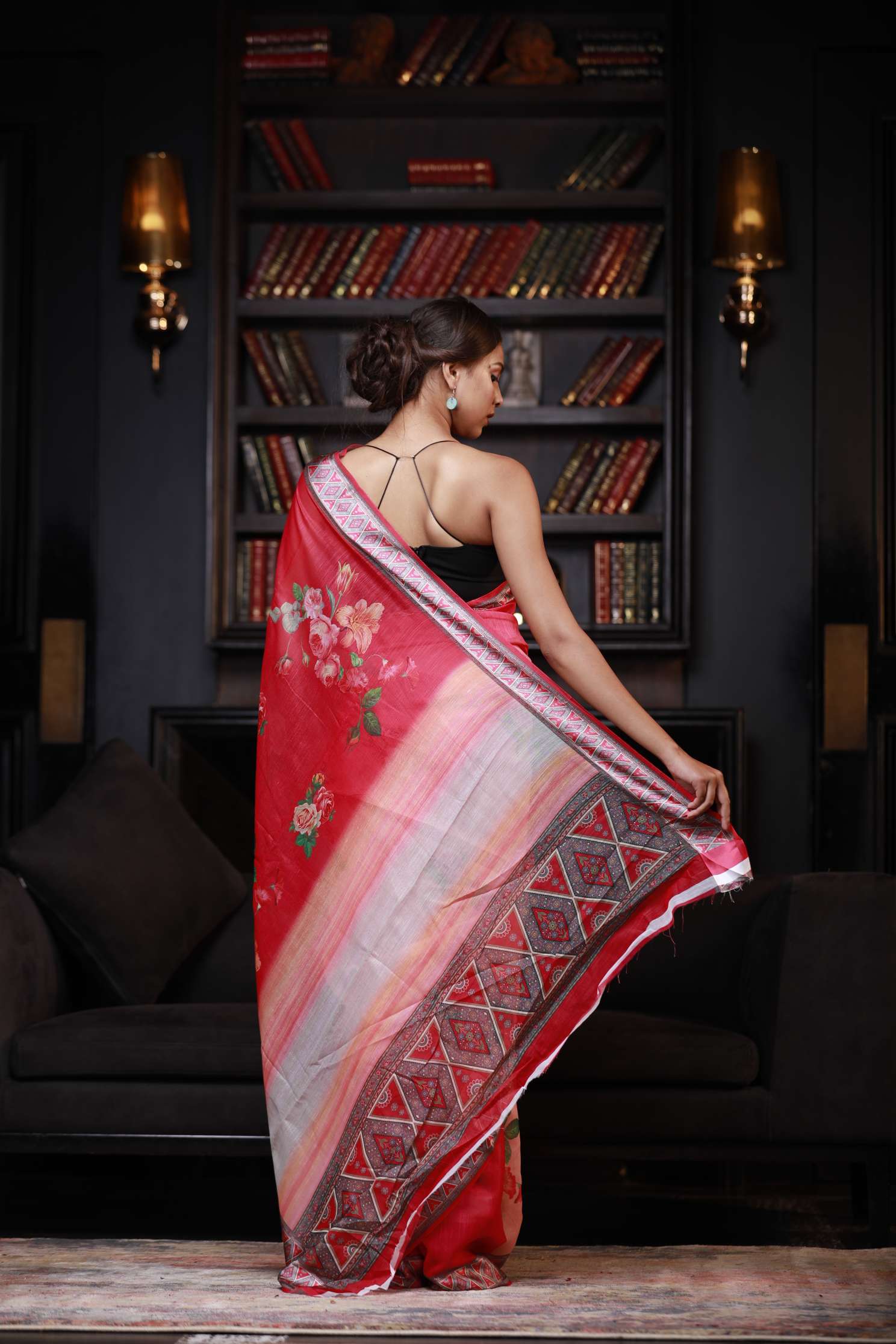 Women's Primrose Pink Digital Printed Cotton Linen Saree - Karagiri