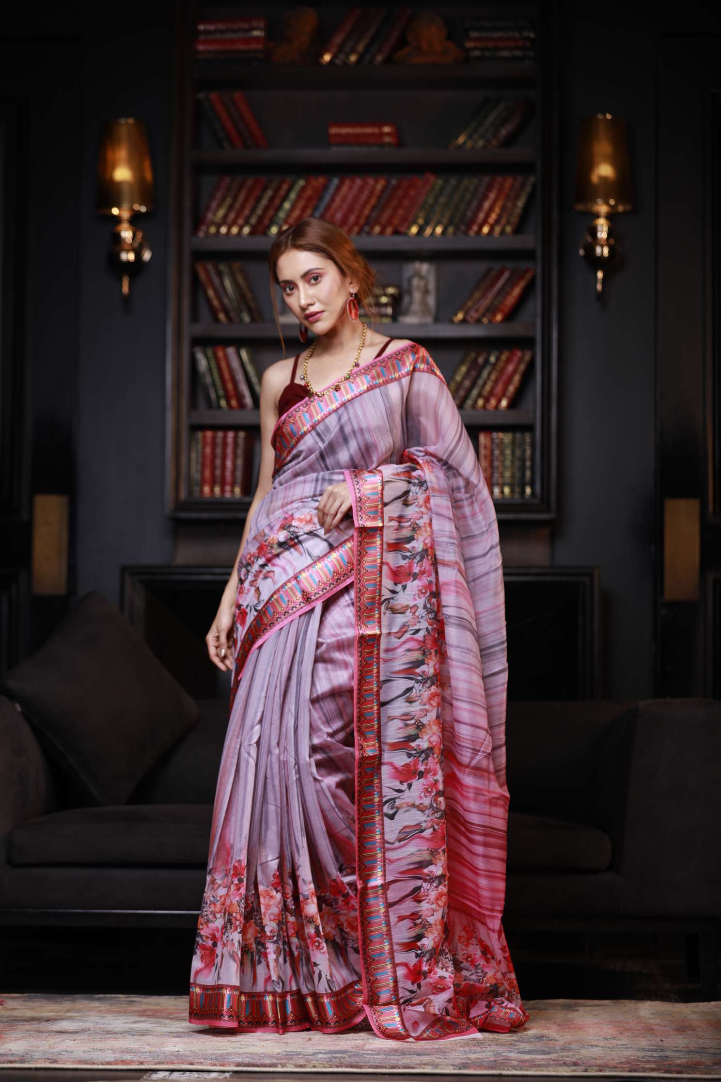 Women's Pale Purple Digital Printed Cotton Linen Saree - Karagiri