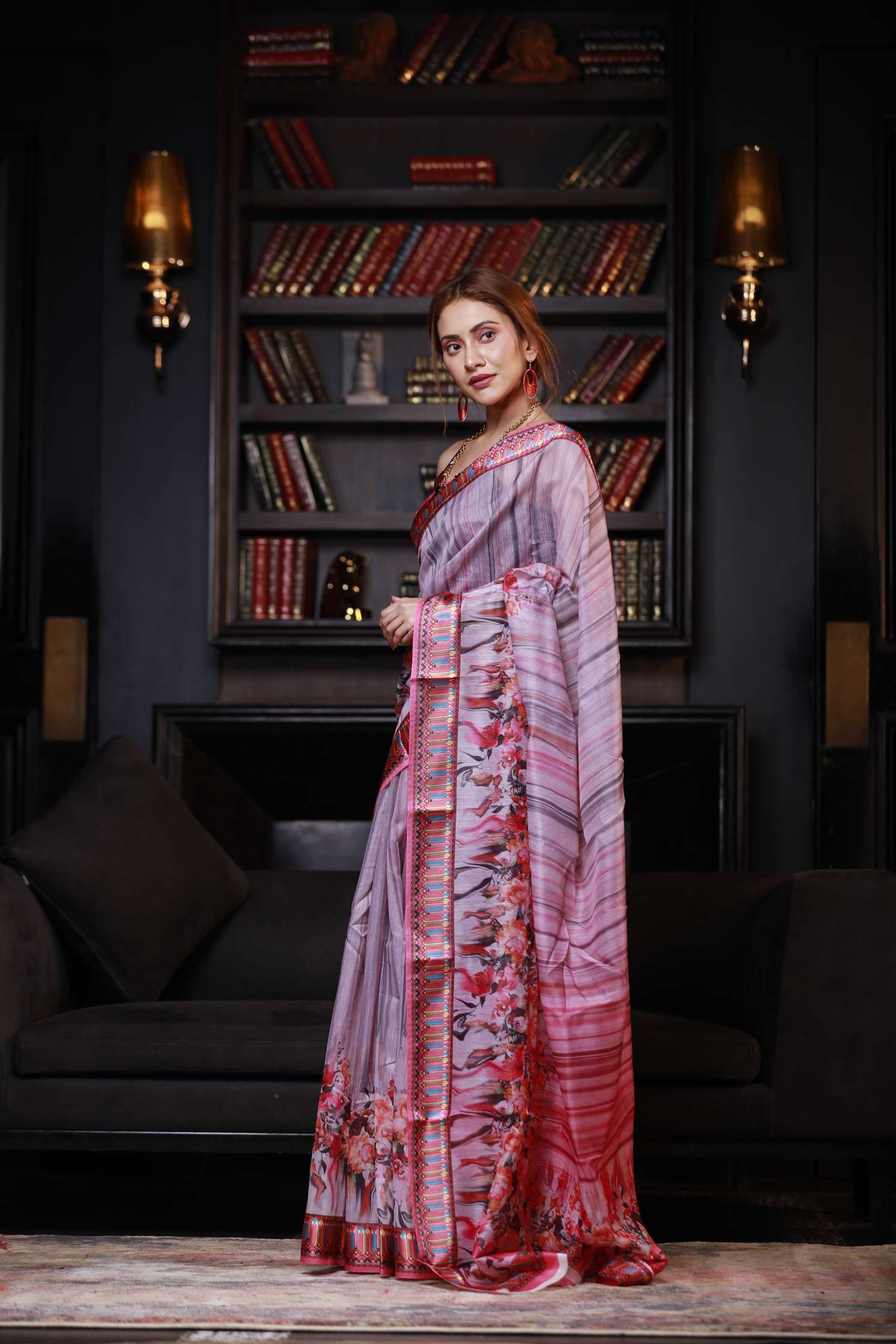 Women's Pale Purple Digital Printed Cotton Linen Saree - Karagiri