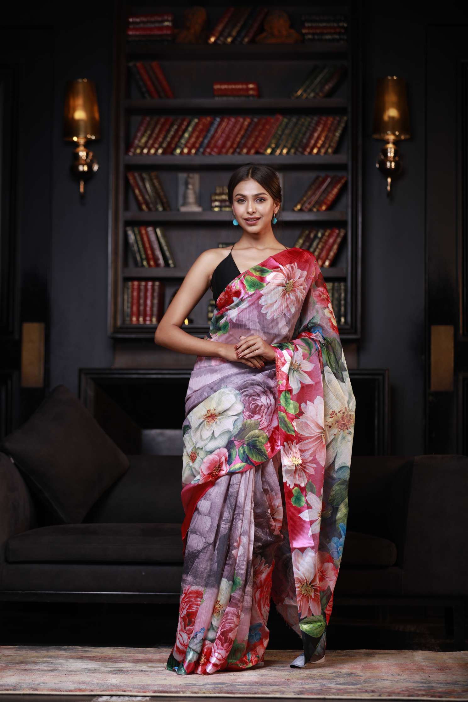Women's Lilac Lustre Purple Digital Printed Cotton Linen Saree - Karagiri