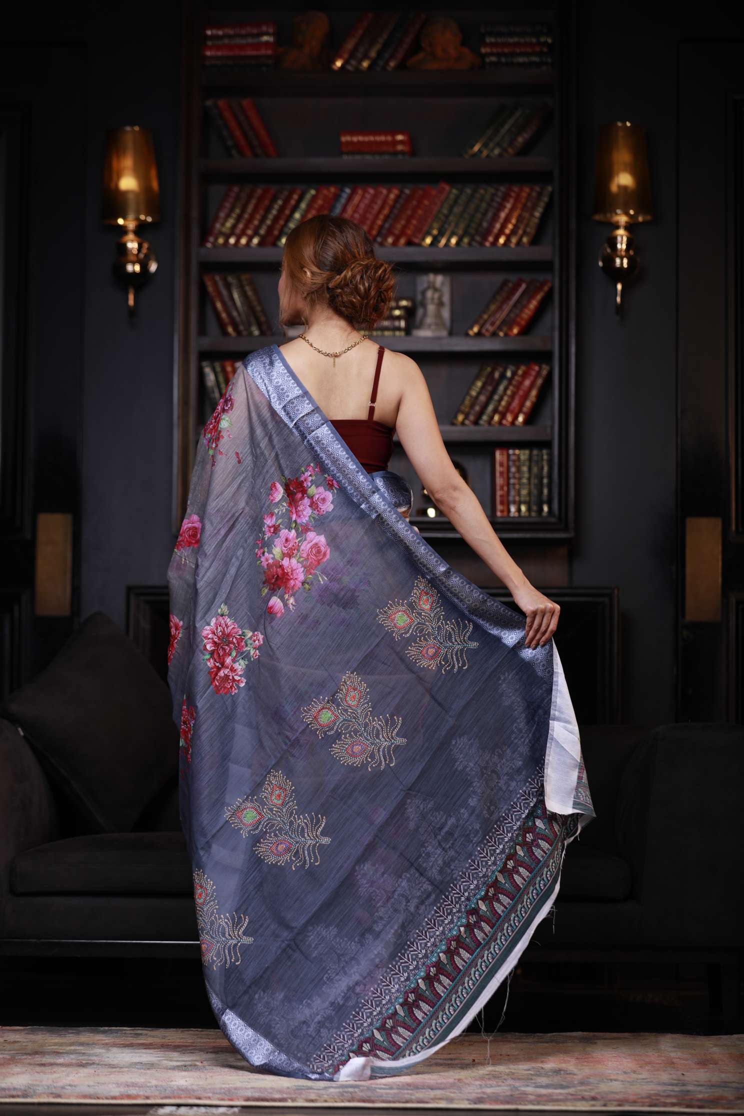 Women's Florentine Blue Digital Printed Cotton Linen Saree - Karagiri