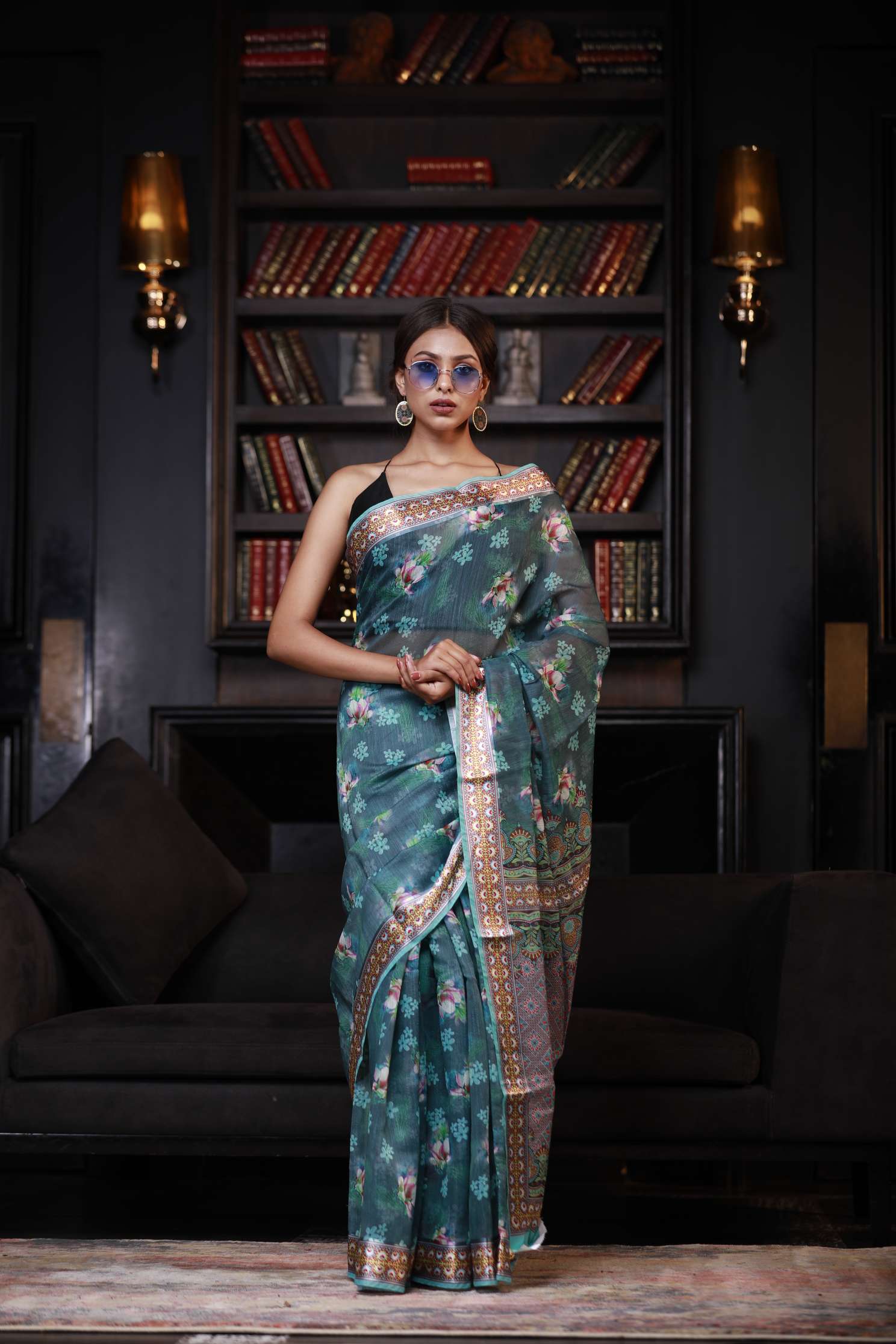 Women's Smalt Green Digital Printed Cotton Linen Saree - Karagiri