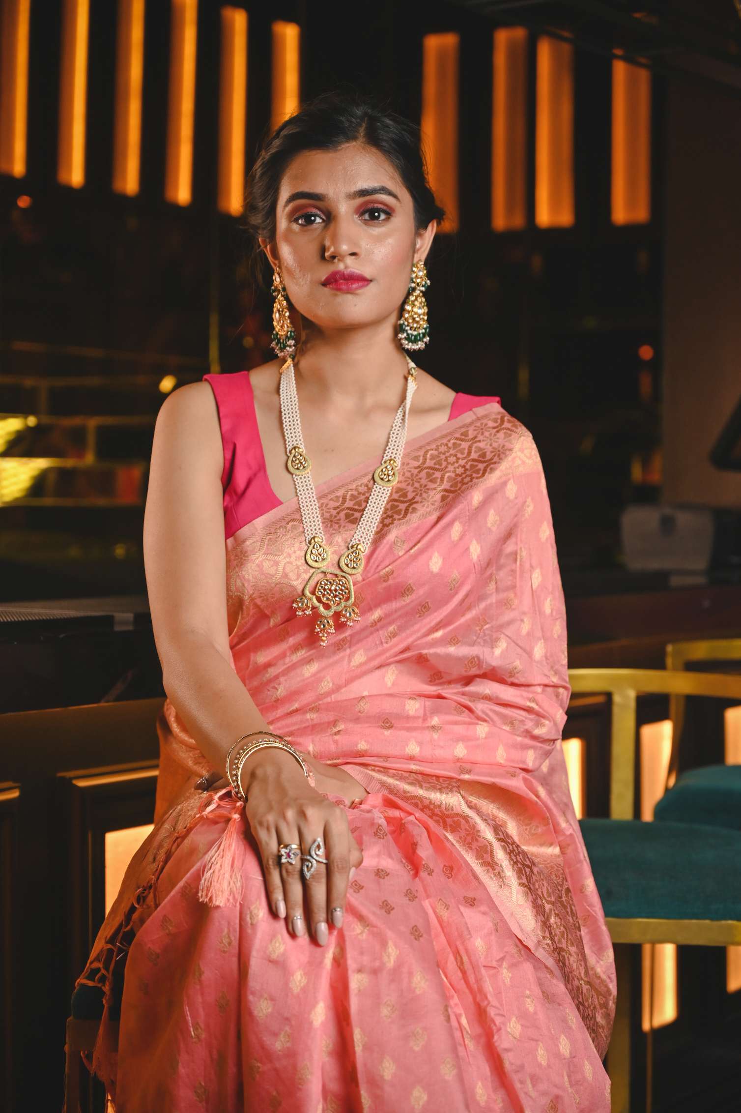 Women's Rose Pink Maheshwari Silk Saree - Karagiri