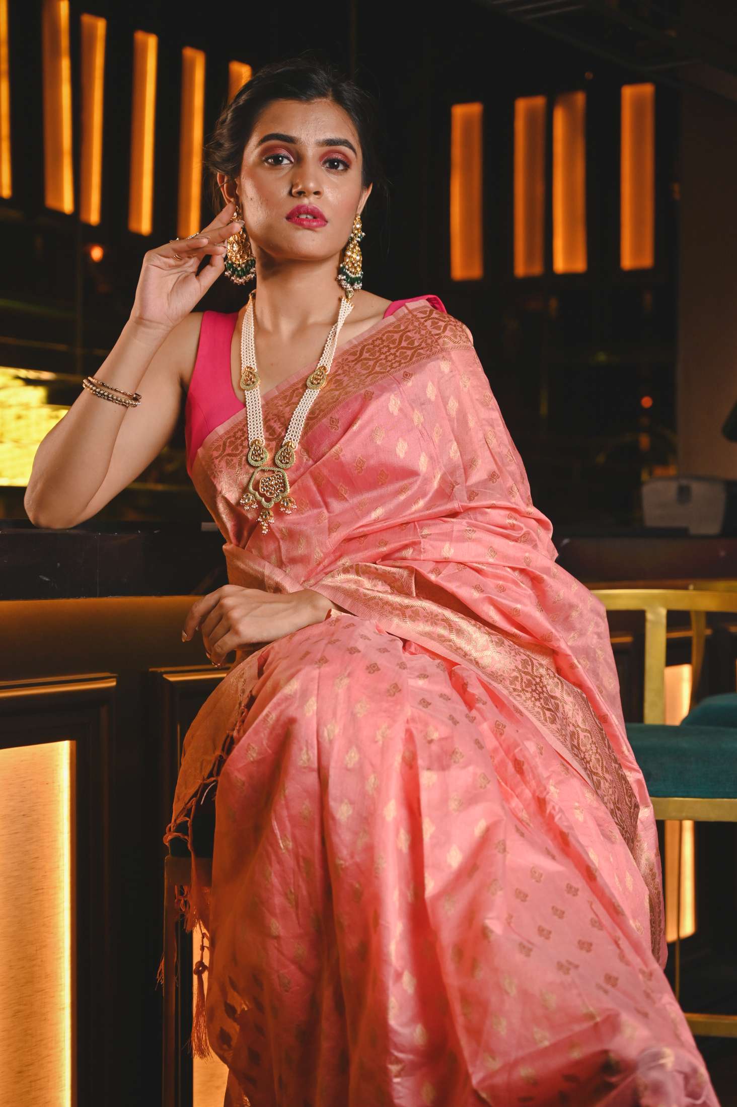 Women's Rose Pink Maheshwari Silk Saree - Karagiri