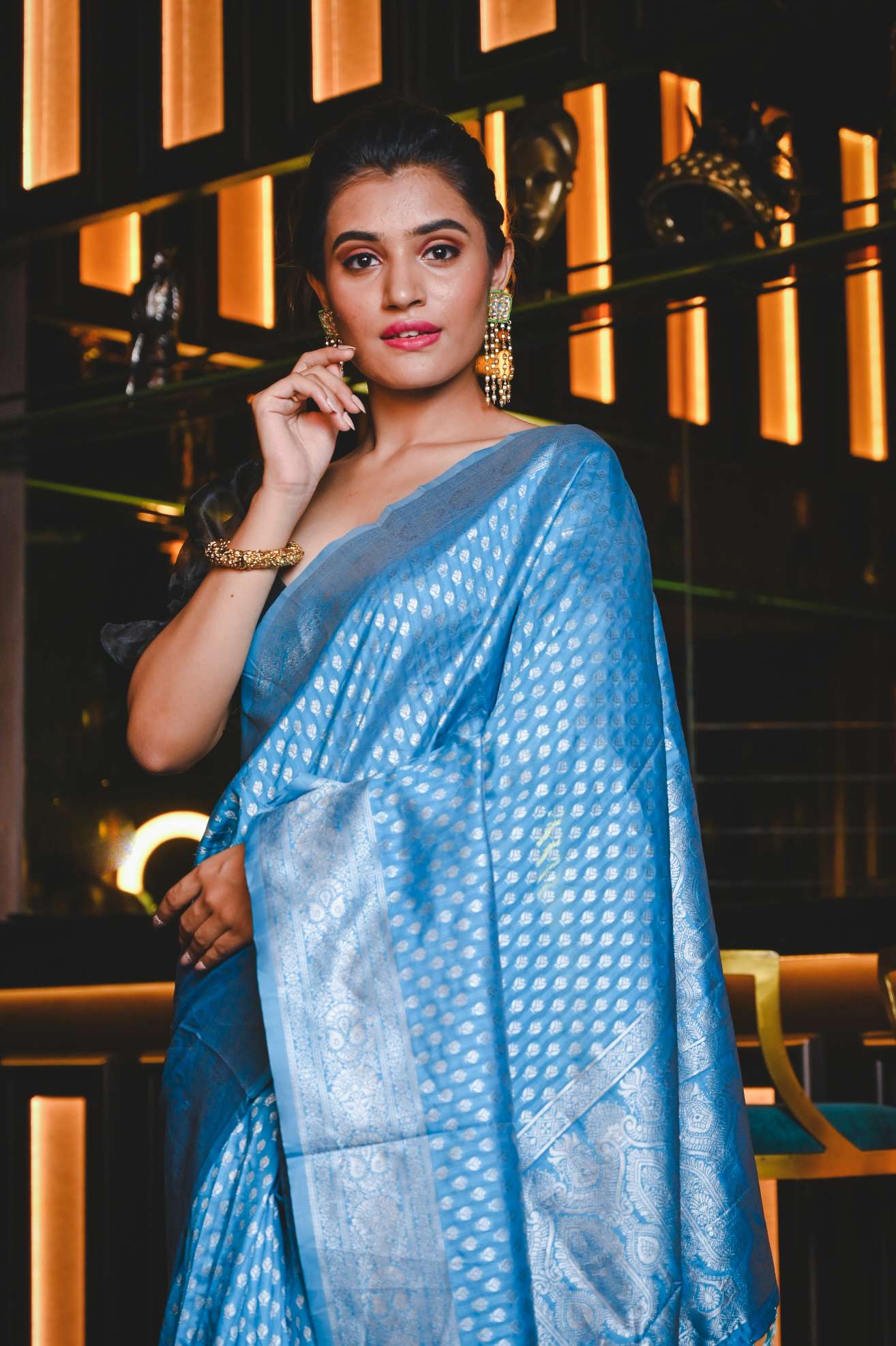 Women's Sky Blue Maheshwari Silk Saree - Karagiri