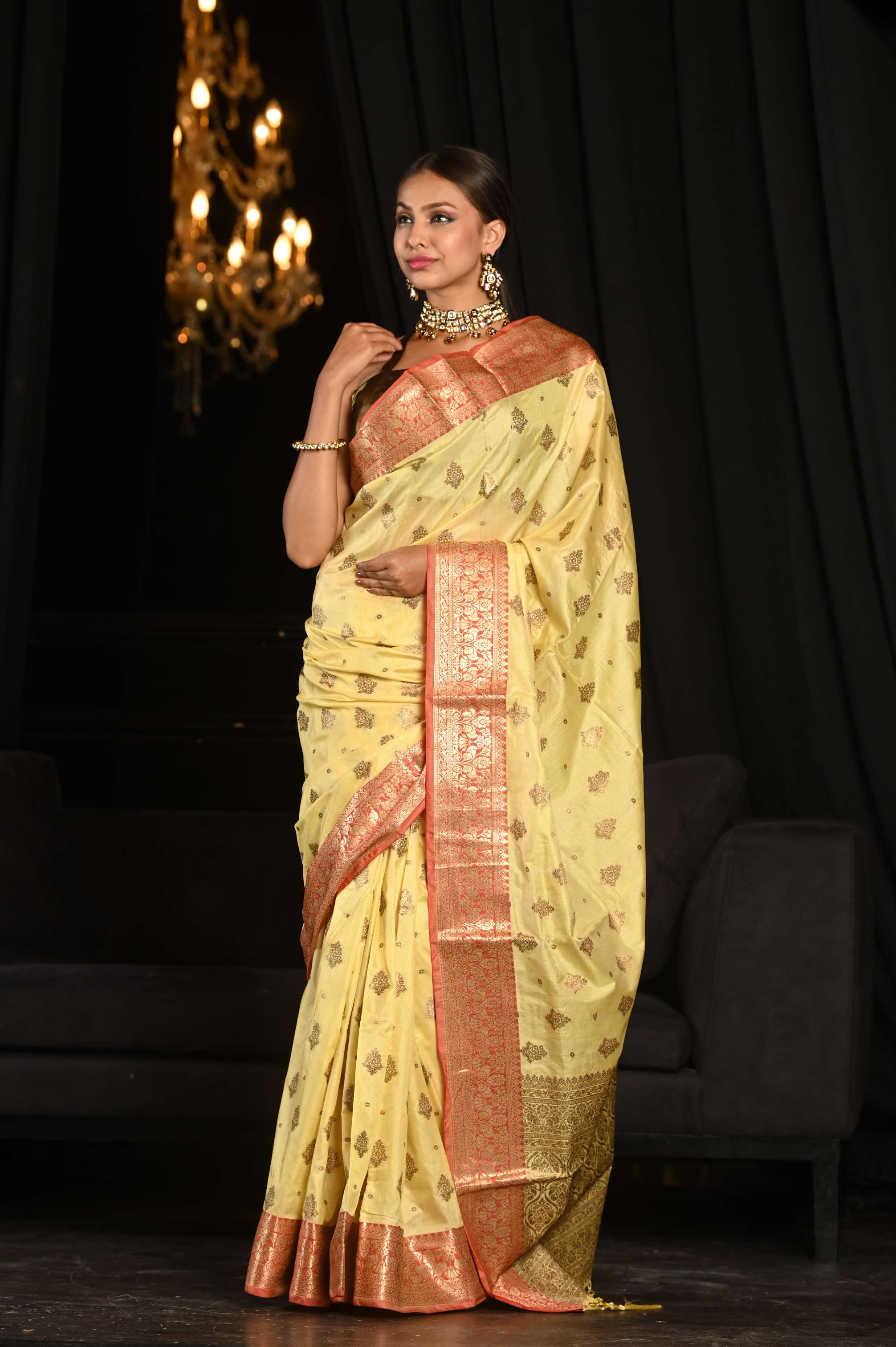 Women's Blonde Yellow South Silk Saree - Karagiri
