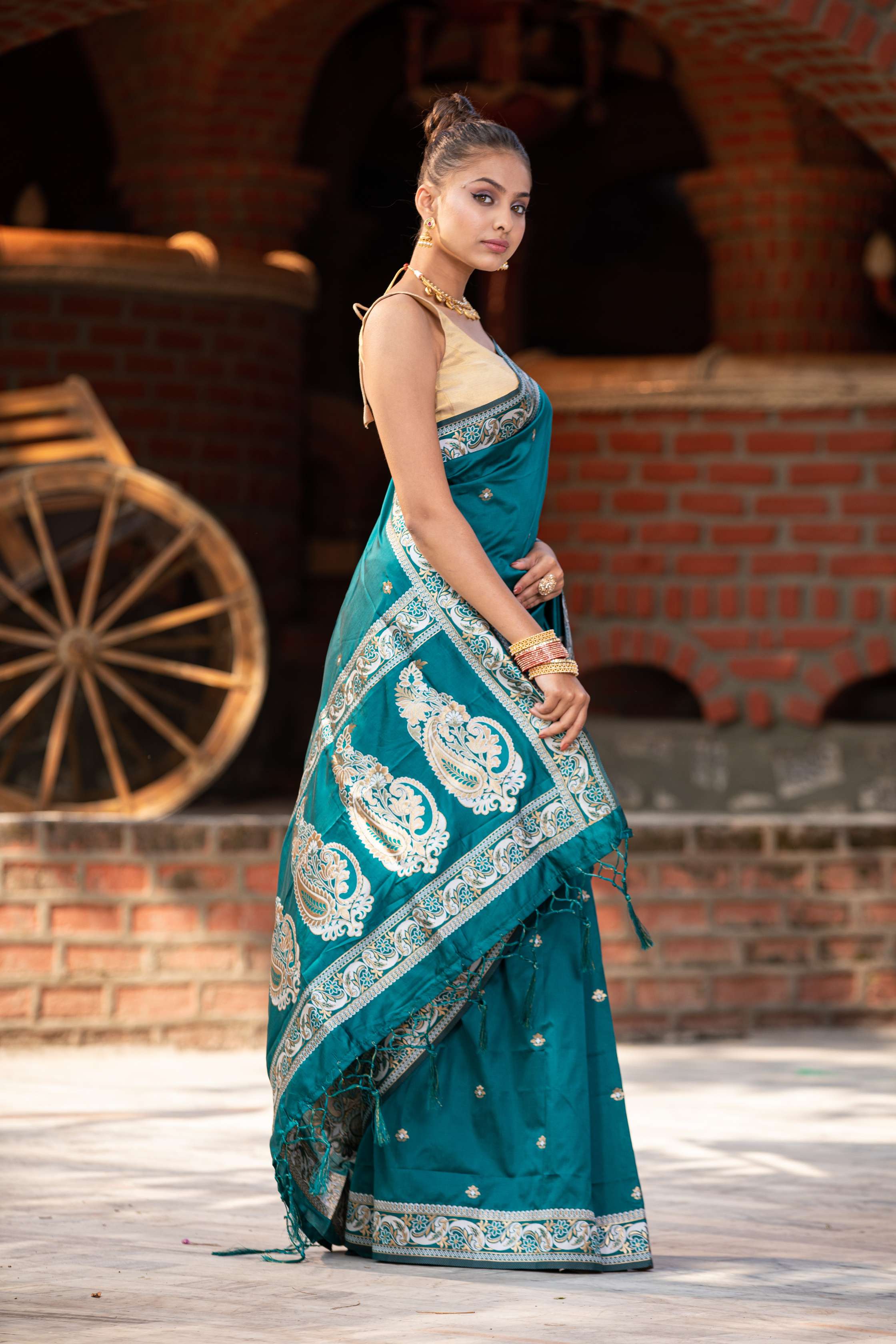 Women's Verdigris Blue Banarasi Saree - Karagiri