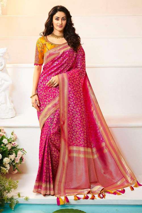 Women's Hot Pink Jaal Woven Designer Banarasi Saree With Embroidered Silk Blouse - Karagiri