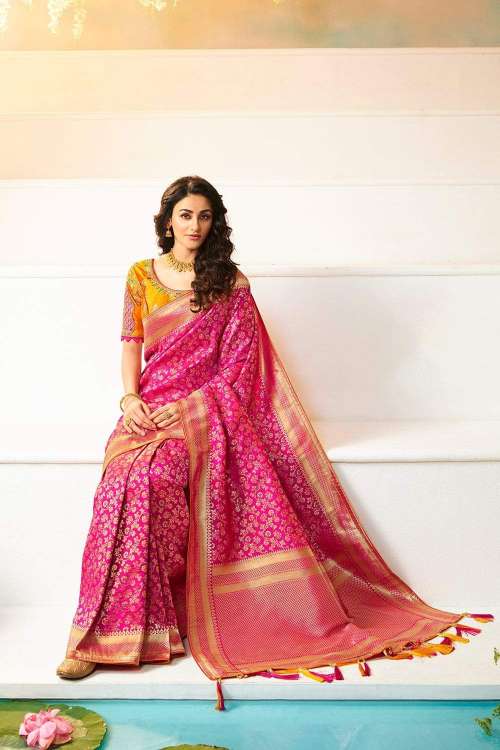 Women's Hot Pink Jaal Woven Designer Banarasi Saree With Embroidered Silk Blouse - Karagiri
