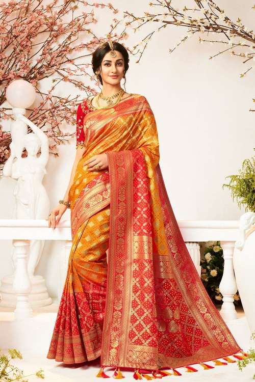 Women's 'Haldi Kumkum' Woven Designer Banarasi Saree With Embroidered Silk Blouse - Wedding Wardrobe Collection - Karagiri