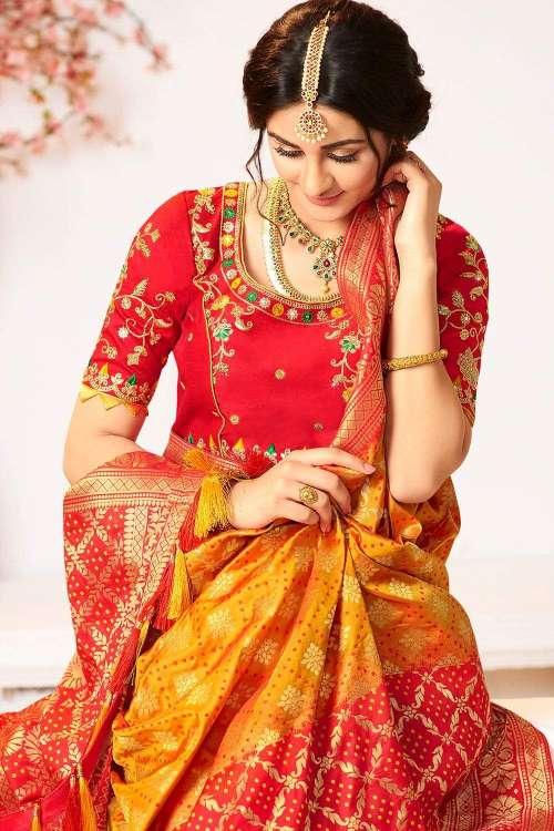 Women's 'Haldi Kumkum' Woven Designer Banarasi Saree With Embroidered Silk Blouse - Wedding Wardrobe Collection - Karagiri