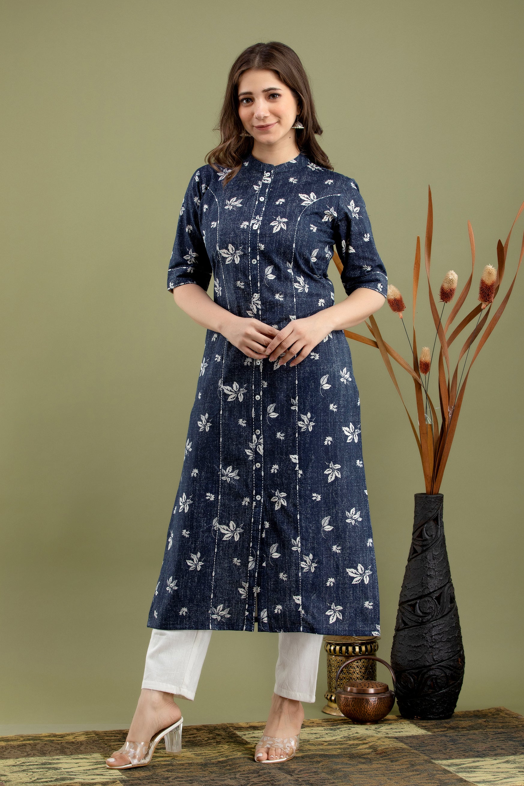 Women's Blue embroidered deniem blend kurti - MISSKURTI