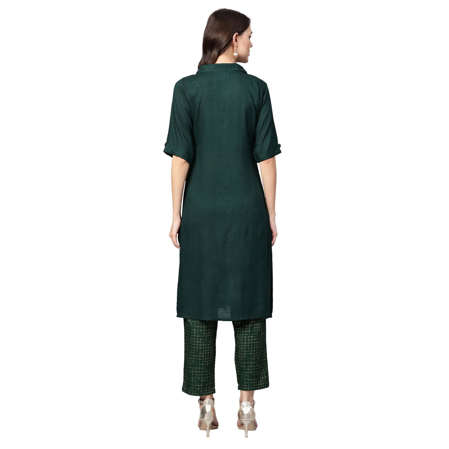 Women's Green Rayon Solid Half Sleeve Casual Kurta Palazzo - Myshka