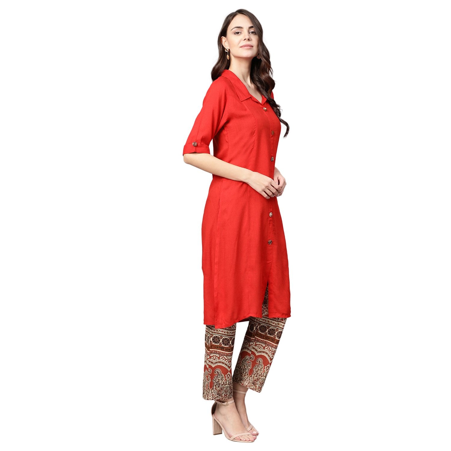 Women's Red Rayon Solid Half Sleeve Casual Kurta Palazzo - Myshka