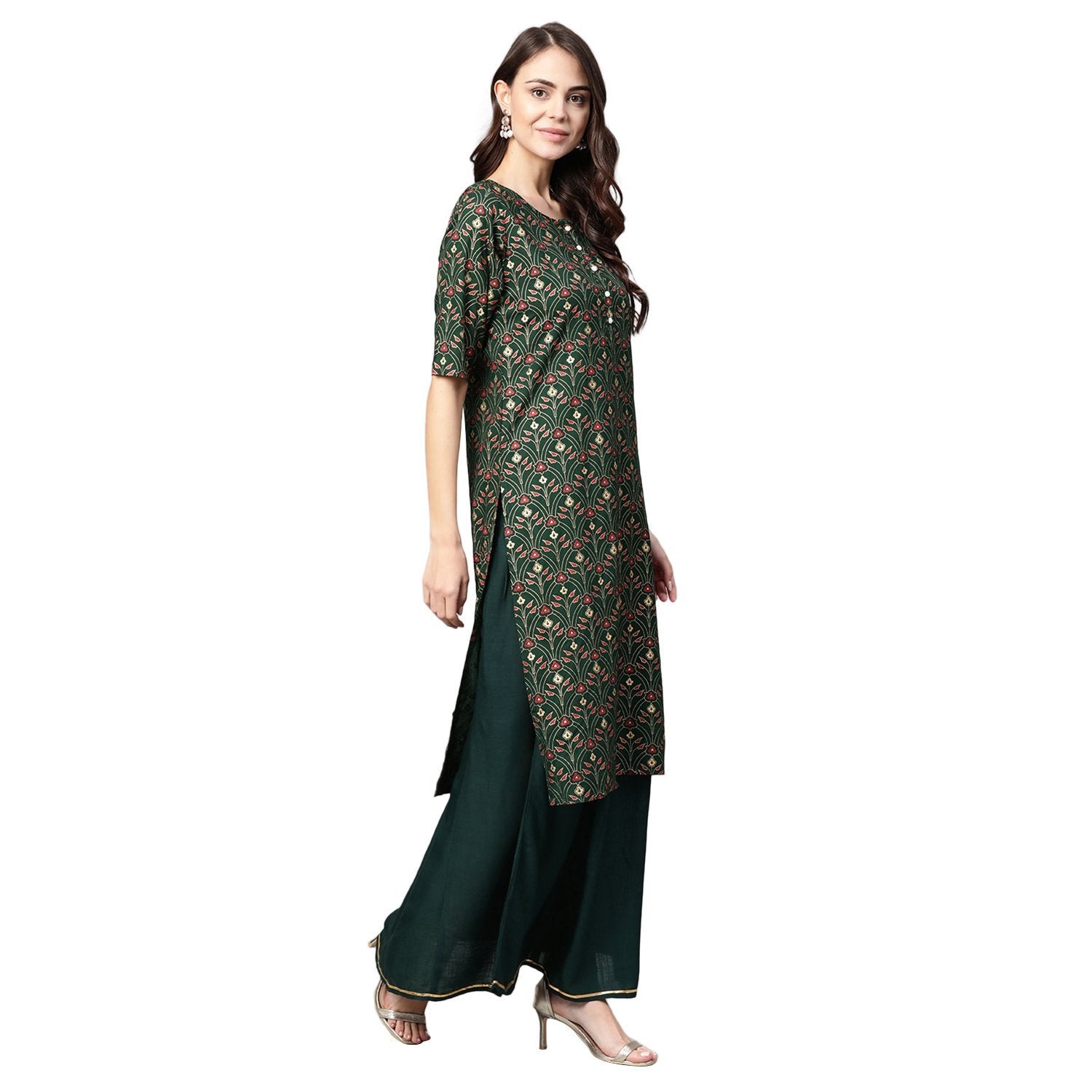 Women's Green Cotton Printed Half Sleeve Casual Kurta Skirt Set - Myshka
