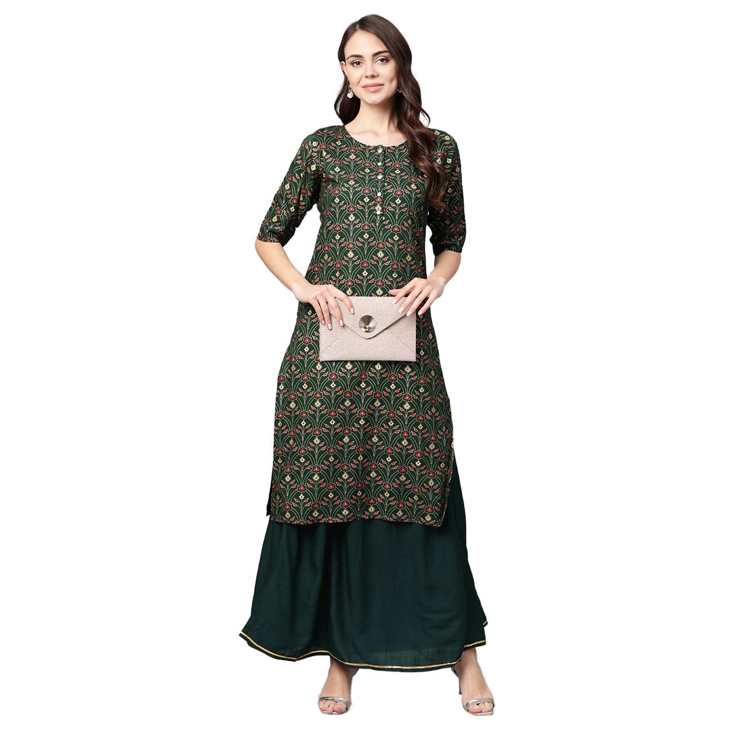 Women's Green Cotton Printed Half Sleeve Casual Kurta Skirt Set - Myshka