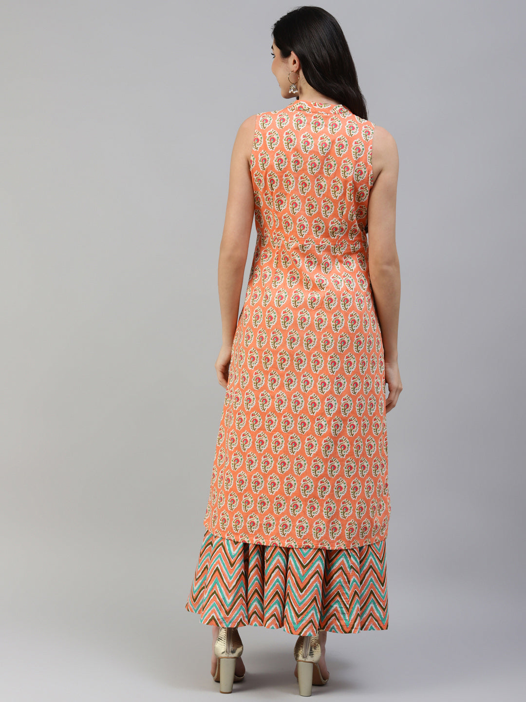 Women's Peach Printed High Slit Pure Cotton Sleeveless Kurta With Skirt - Noz2Toz