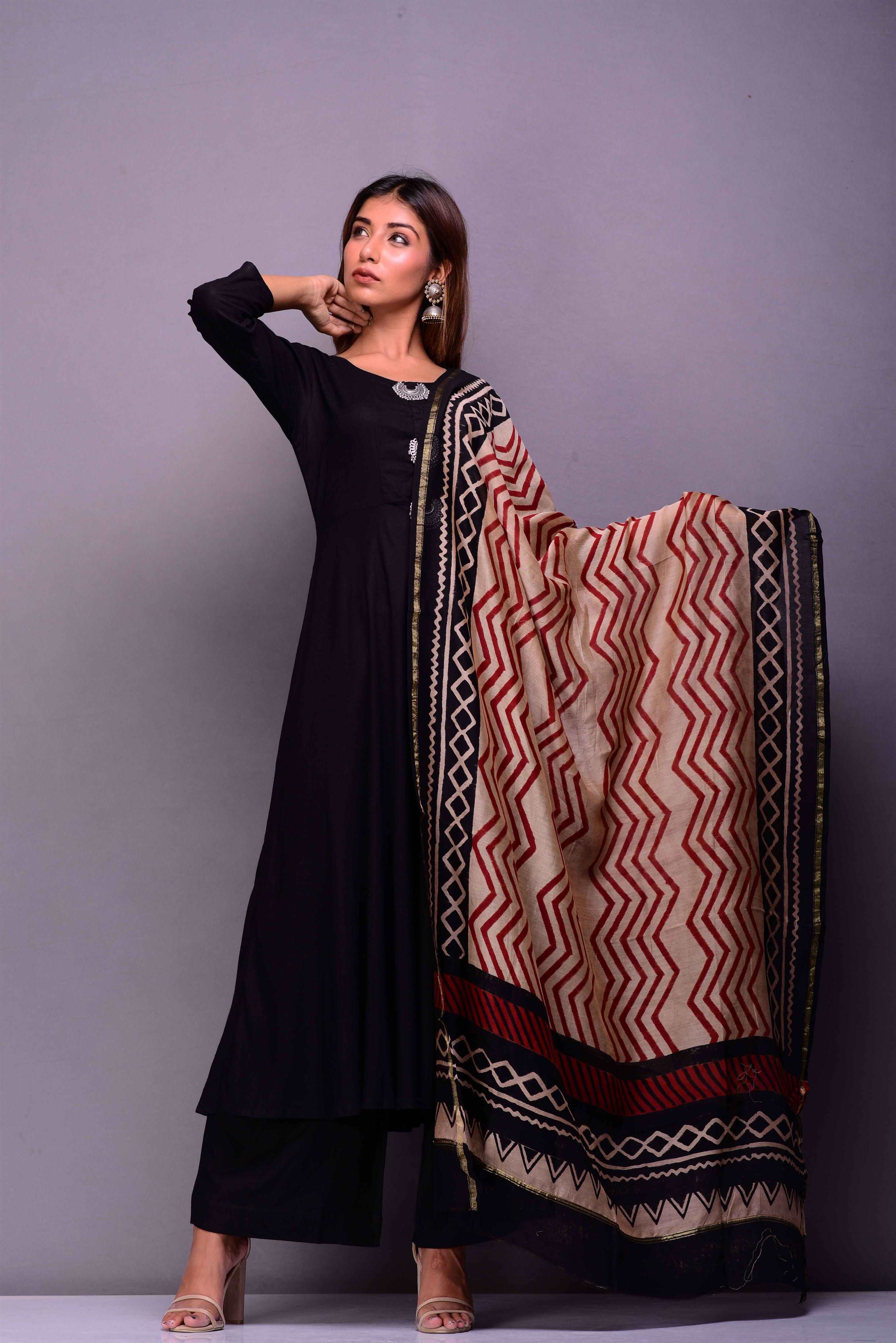 Women's Black Anarkali suit set wih Pants & Dupatta by Kiswah- (3pcs set)