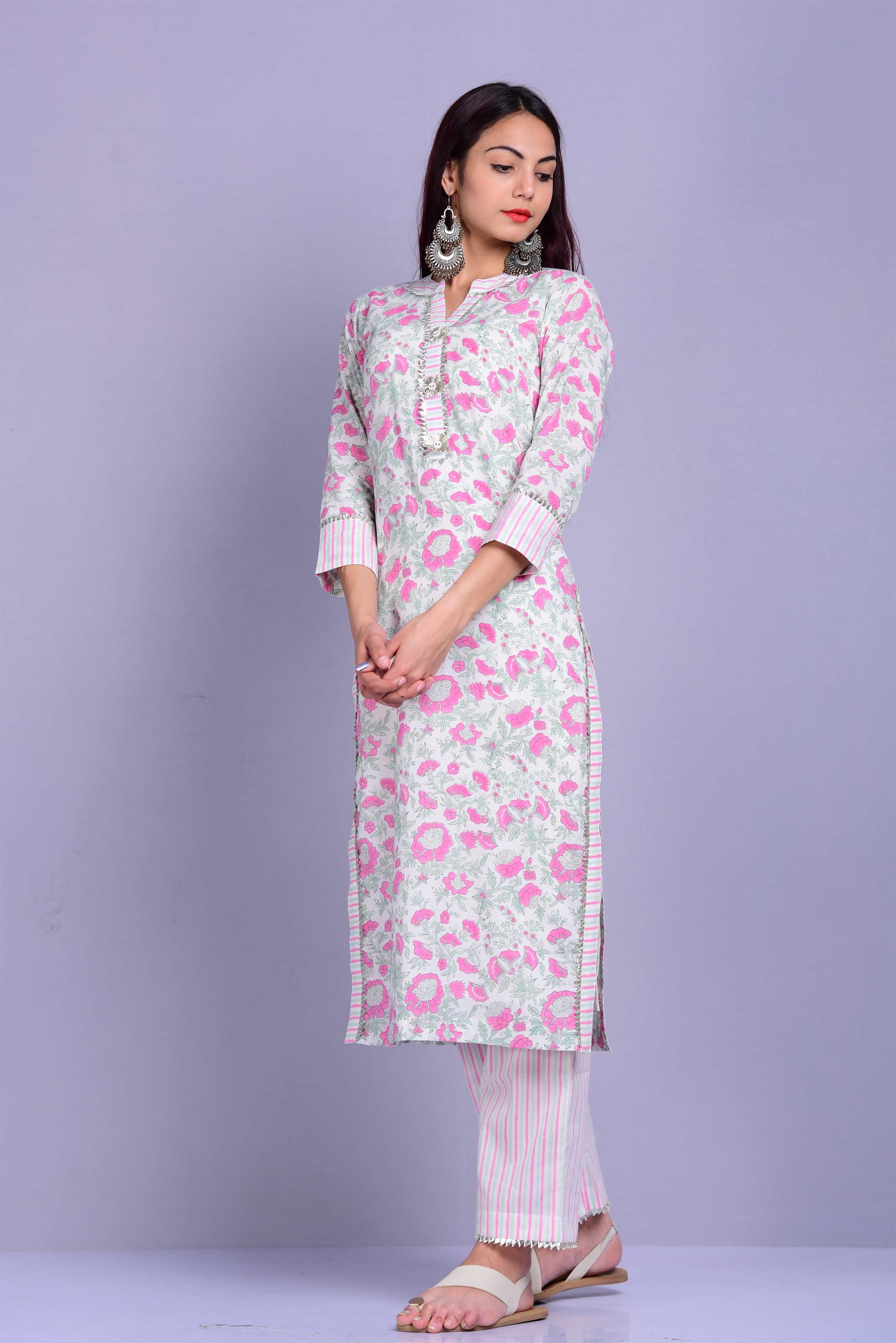 Women's White and Pink Collared Hand Block Suit Set - Kiswah