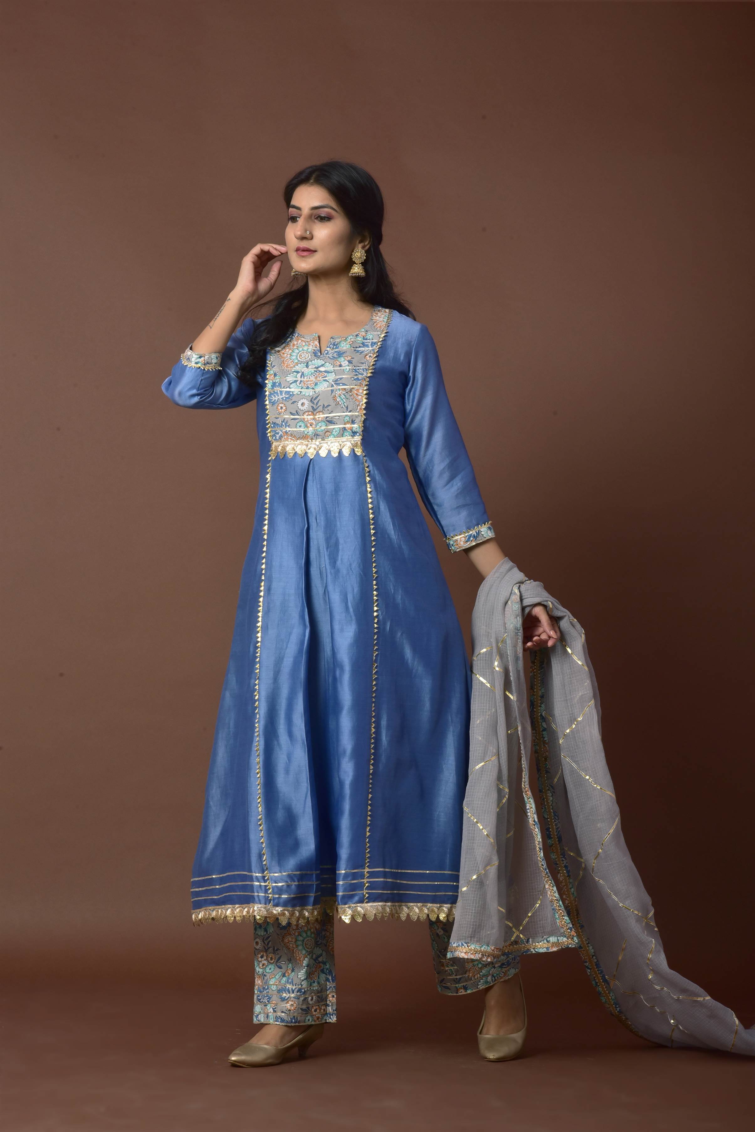 Women's Blue Chanderi Silk Suit Set - Kiswah