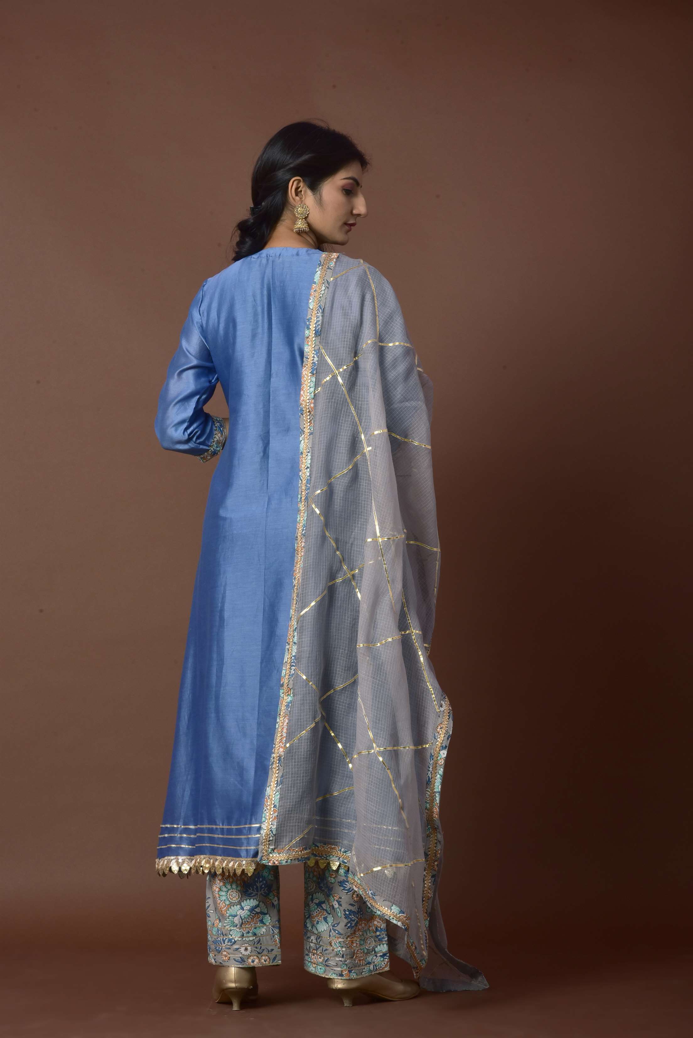 Women's Blue Chanderi Silk Suit Set - Kiswah