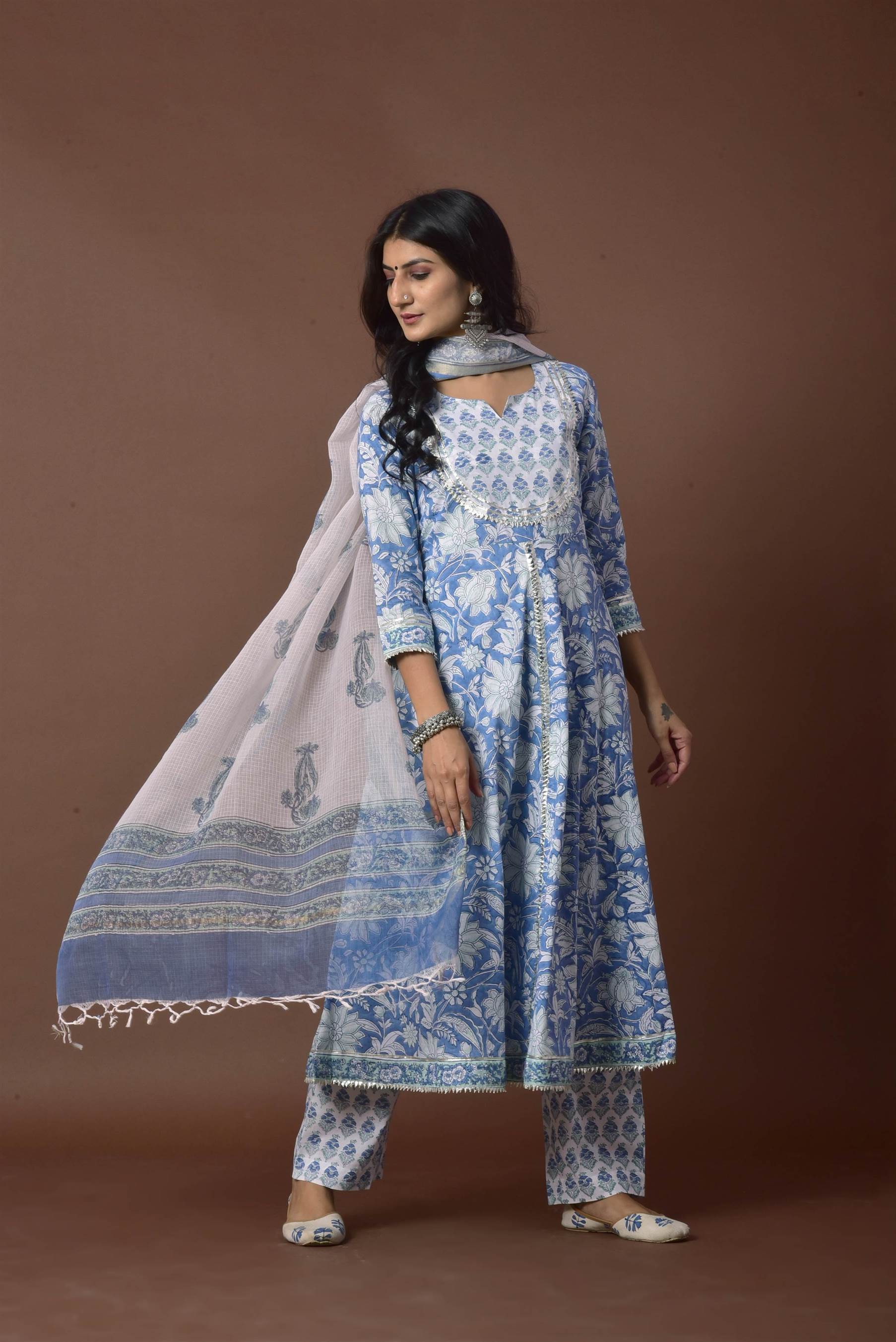 Women's Blue & White Anarkali suit - Kiswah
