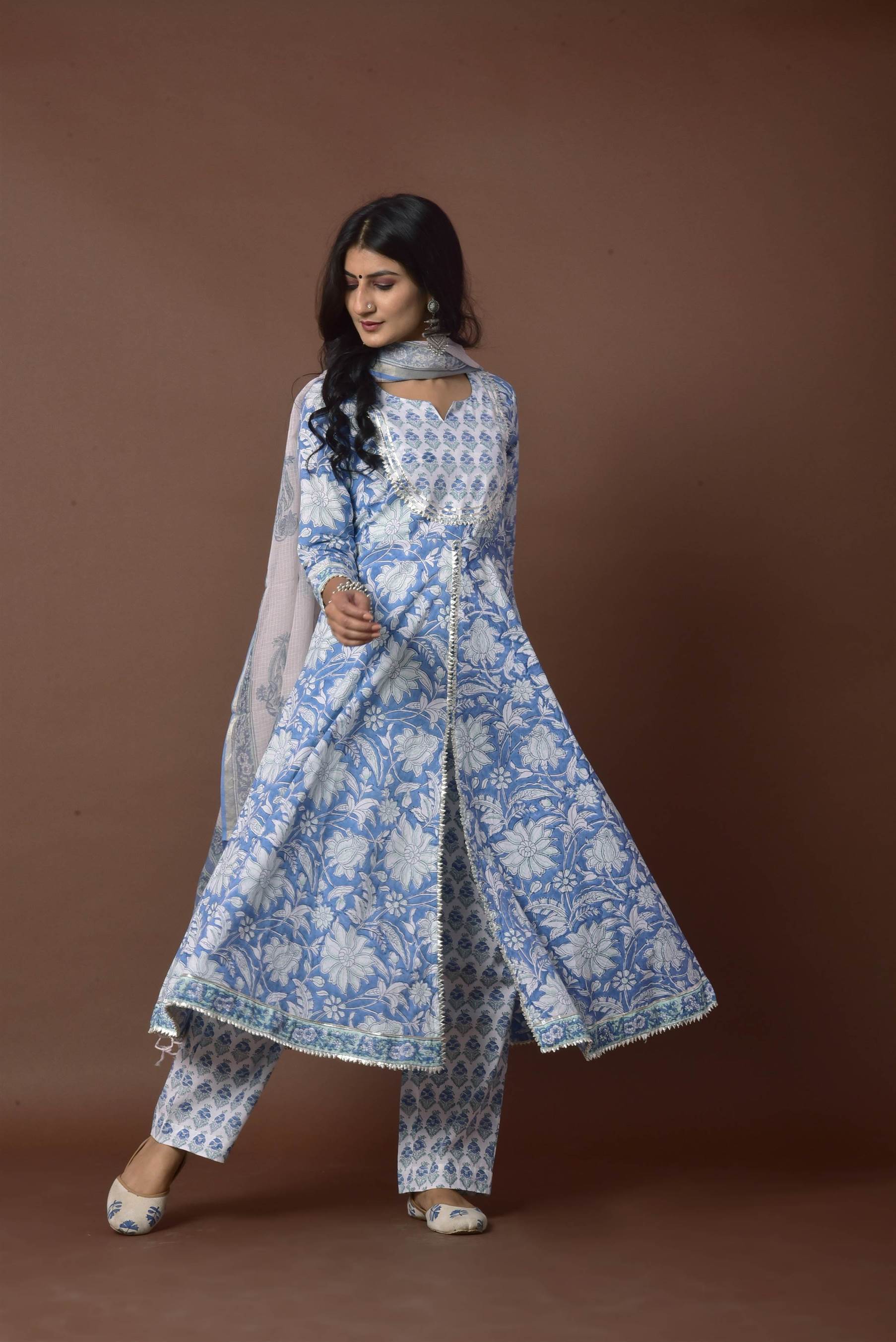 Women's Blue & White Anarkali suit - Kiswah