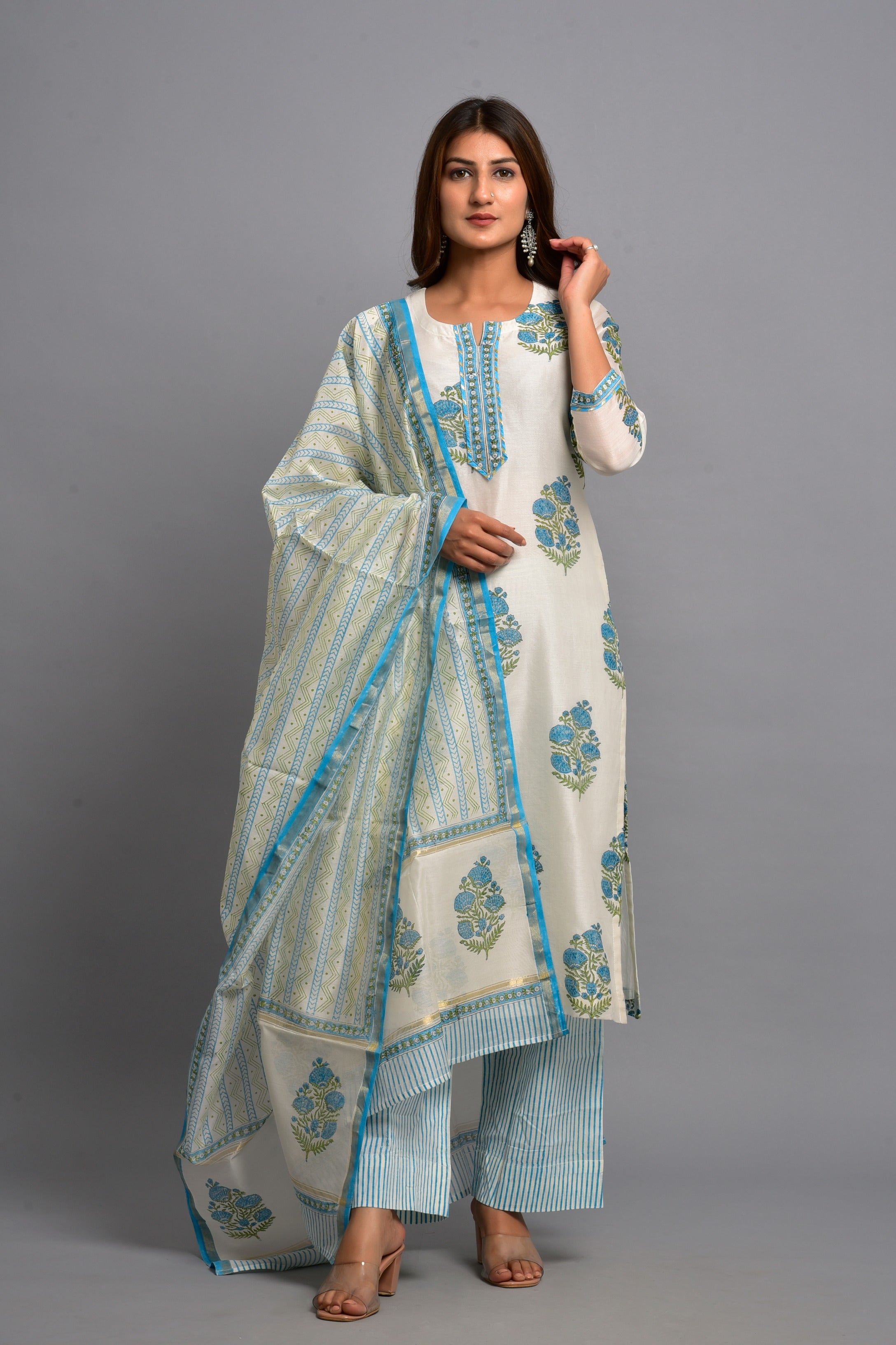 Women's White and Blue chanderi silk suit set - Kiswah