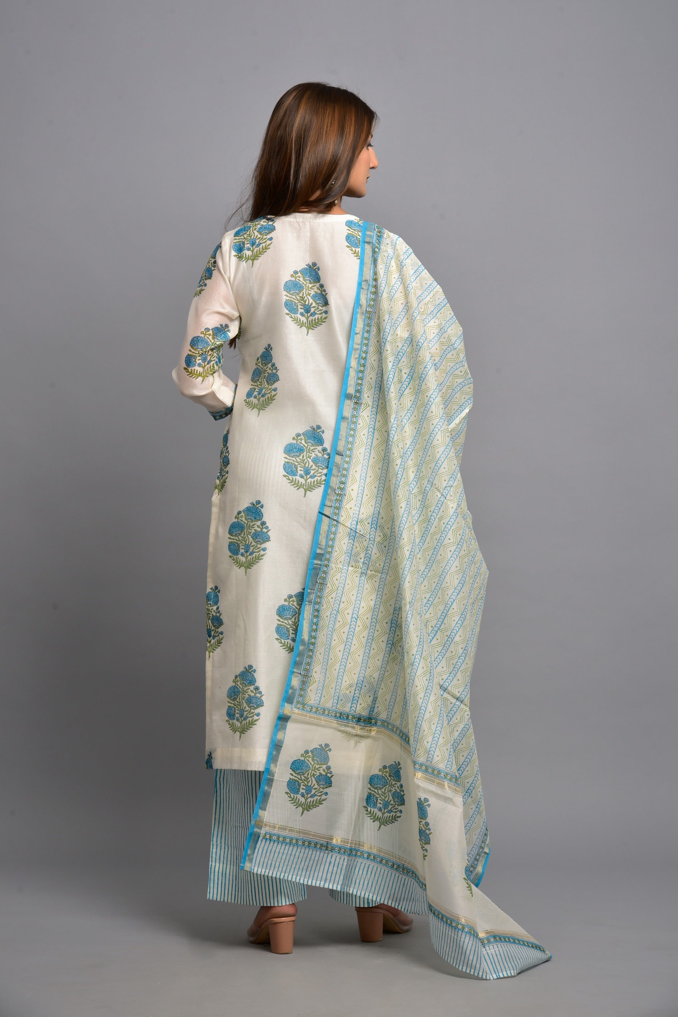 Women's White and Blue chanderi silk suit set - Kiswah